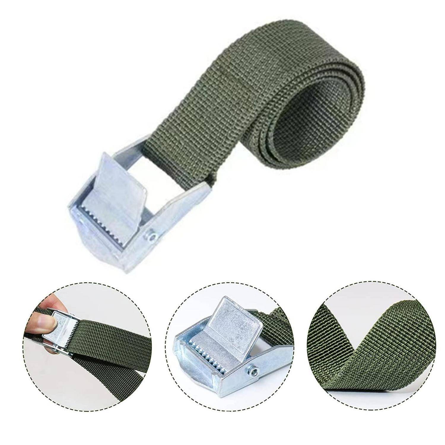 Grüner Nylon-Schnallengurt mit Metall-Schnalle, oben aufgerollt dargestellt, mit drei vergrößerten Details der Befestigung und Webtextur darunter.