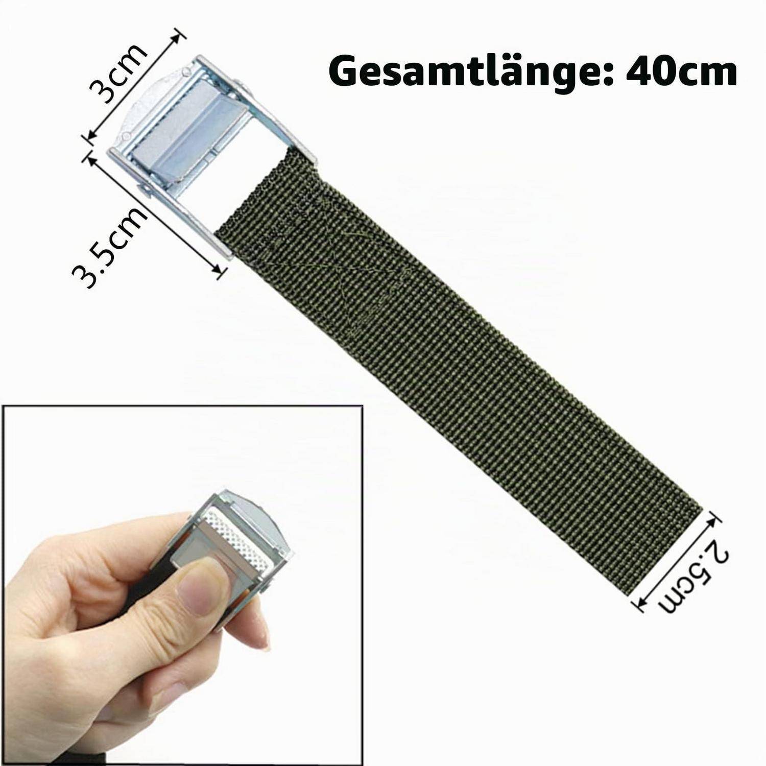 Grüner gewebter Riemen mit Metallschnalle, gezeigt mit Abmessungen: Gesamtlänge 40 cm, Riemen 25 cm, Schnalle 3 cm mal 3,5 cm; Detailansicht zeigt ihn in der Hand gehalten.