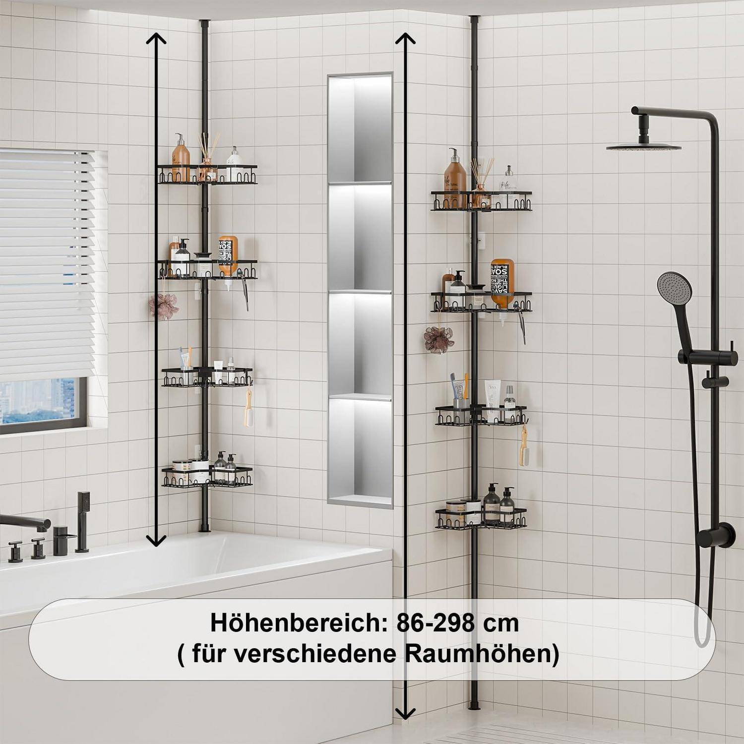 Teleskop Duschregal ohne Bohren Eckregal Schwarz 86-298cm 4 Körbe