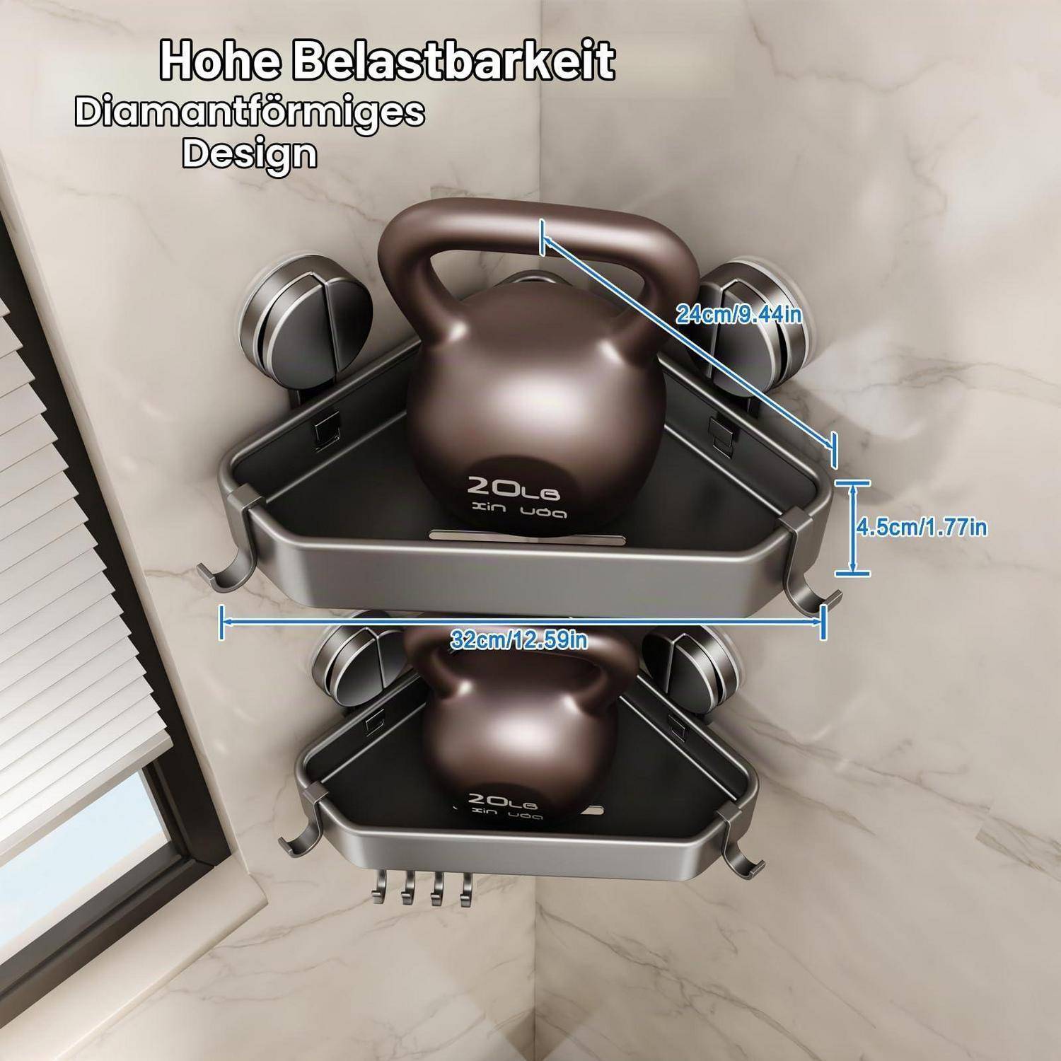 Abbildung eines an der Wand montierten Eckregals, das eine Kettlebell hält, mit der Beschriftung „Hohe Tragfähigkeit" und „Rautenförmiges Design"", mit den Abmessungen 32 cm, 24 cm und 4,5 cm.