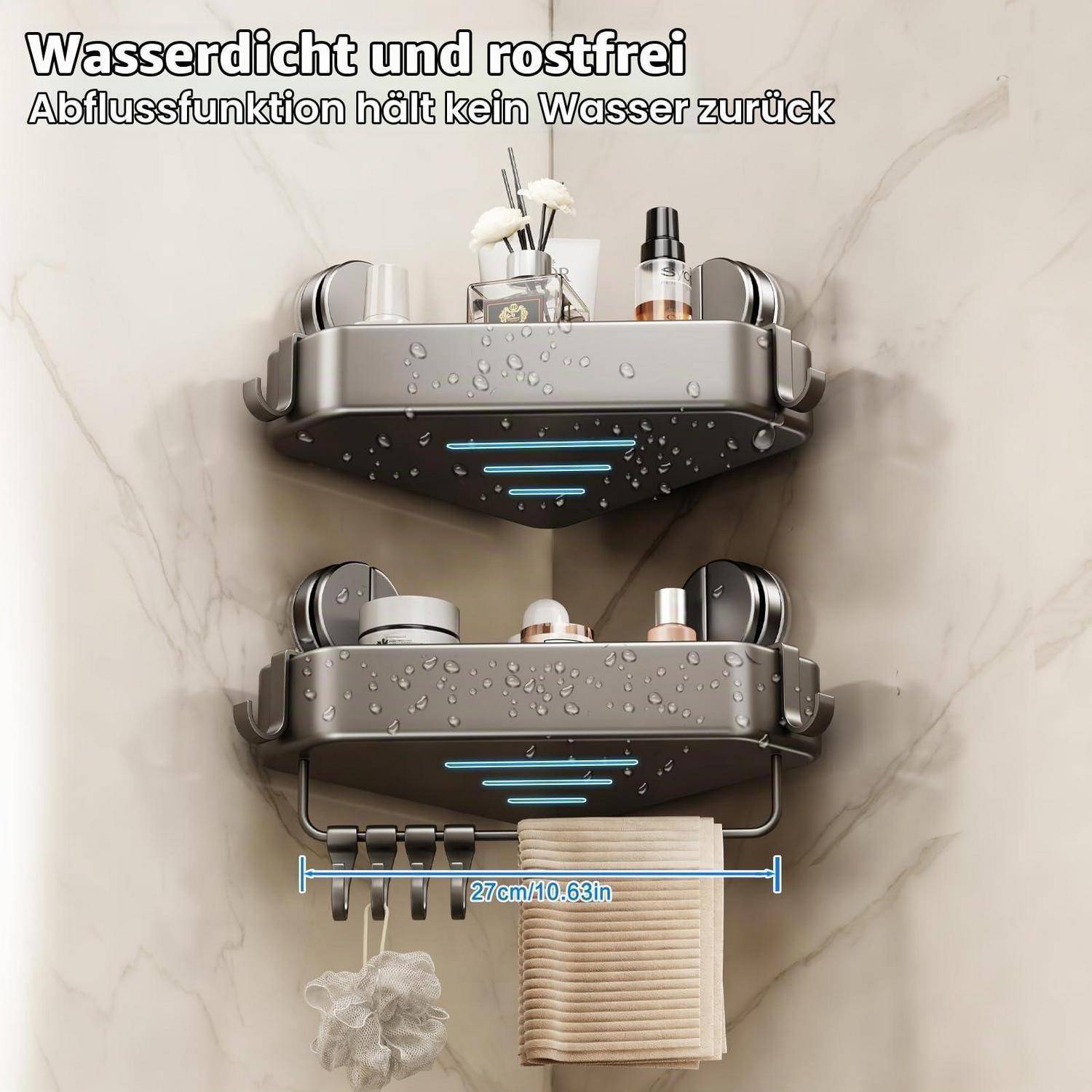 Wandmontiertes, wasserfestes Edelstahl-Duschablage mit Drainagelöchern, dargestellt mit Toilettenartikeln und einem Handtuch beladen, 27 cm breit.