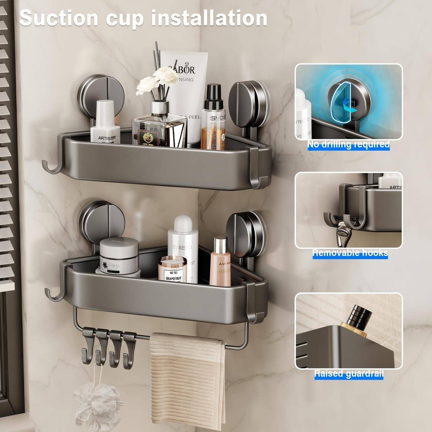 Duschregal Ecke Aluminium ohne Bohren 2 Stück Grau