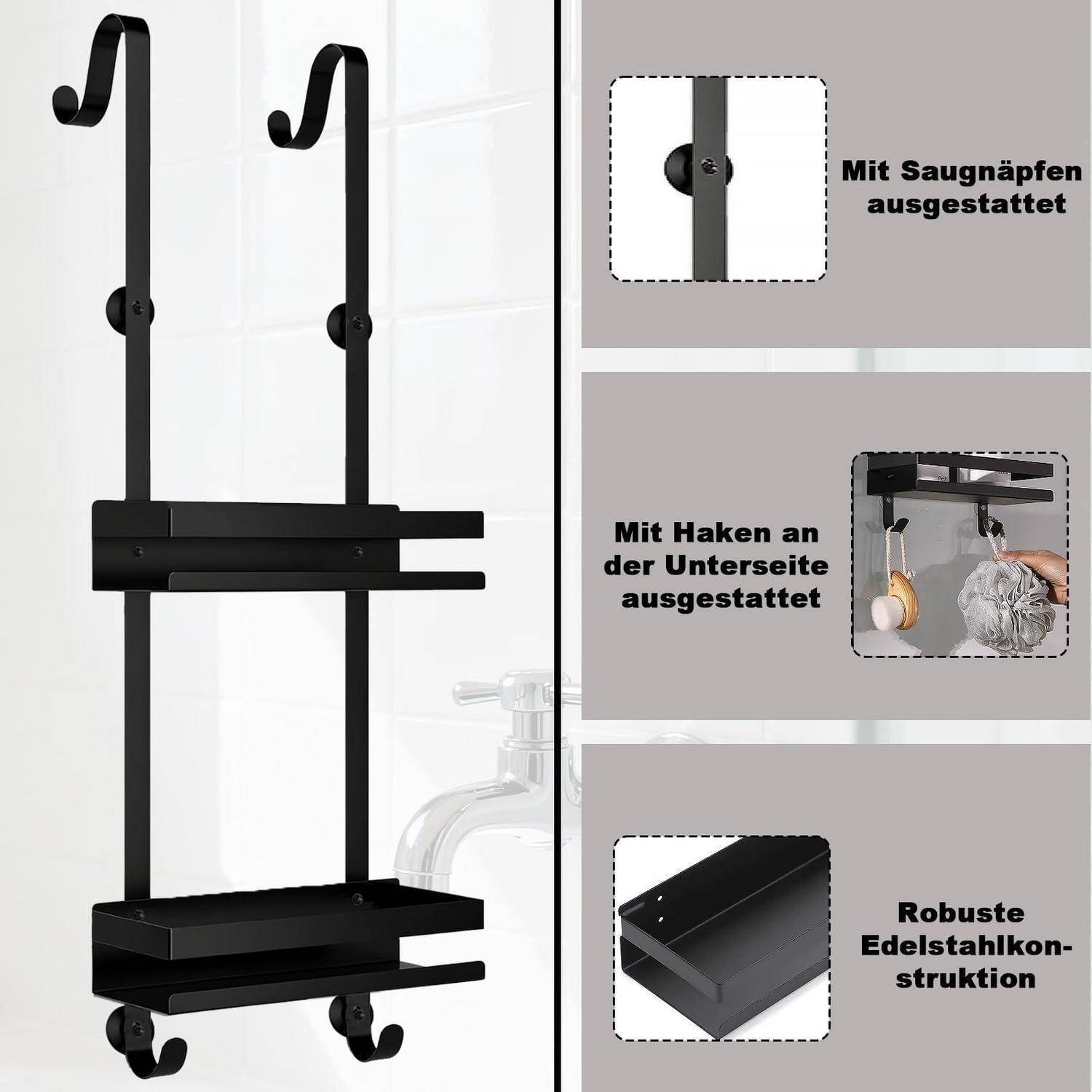Duschablage Edelstahl zum Hängen ohne Bohren mit Haken und Saugnäpfen