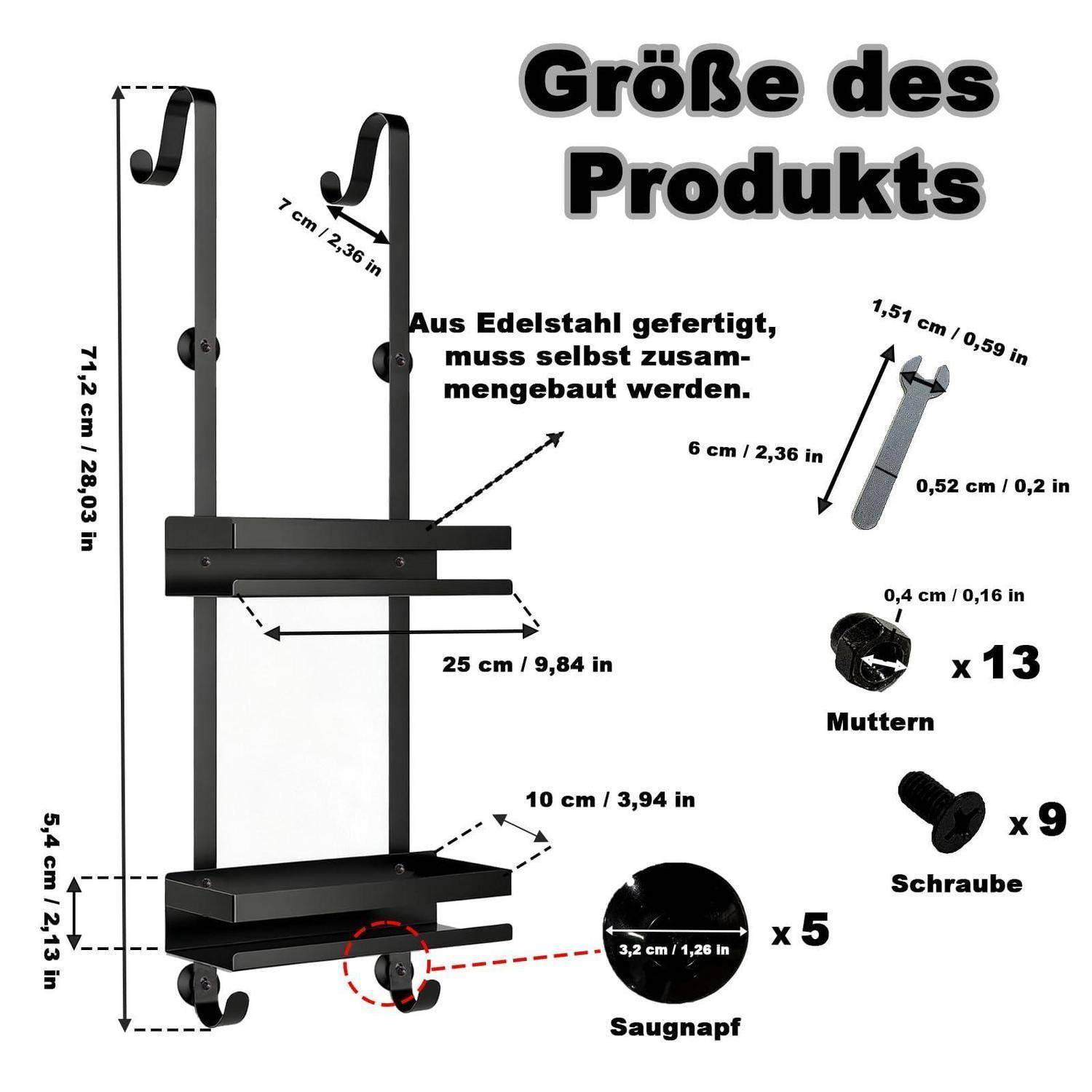 Duschablage Edelstahl zum Hängen ohne Bohren mit Haken und Saugnäpfen