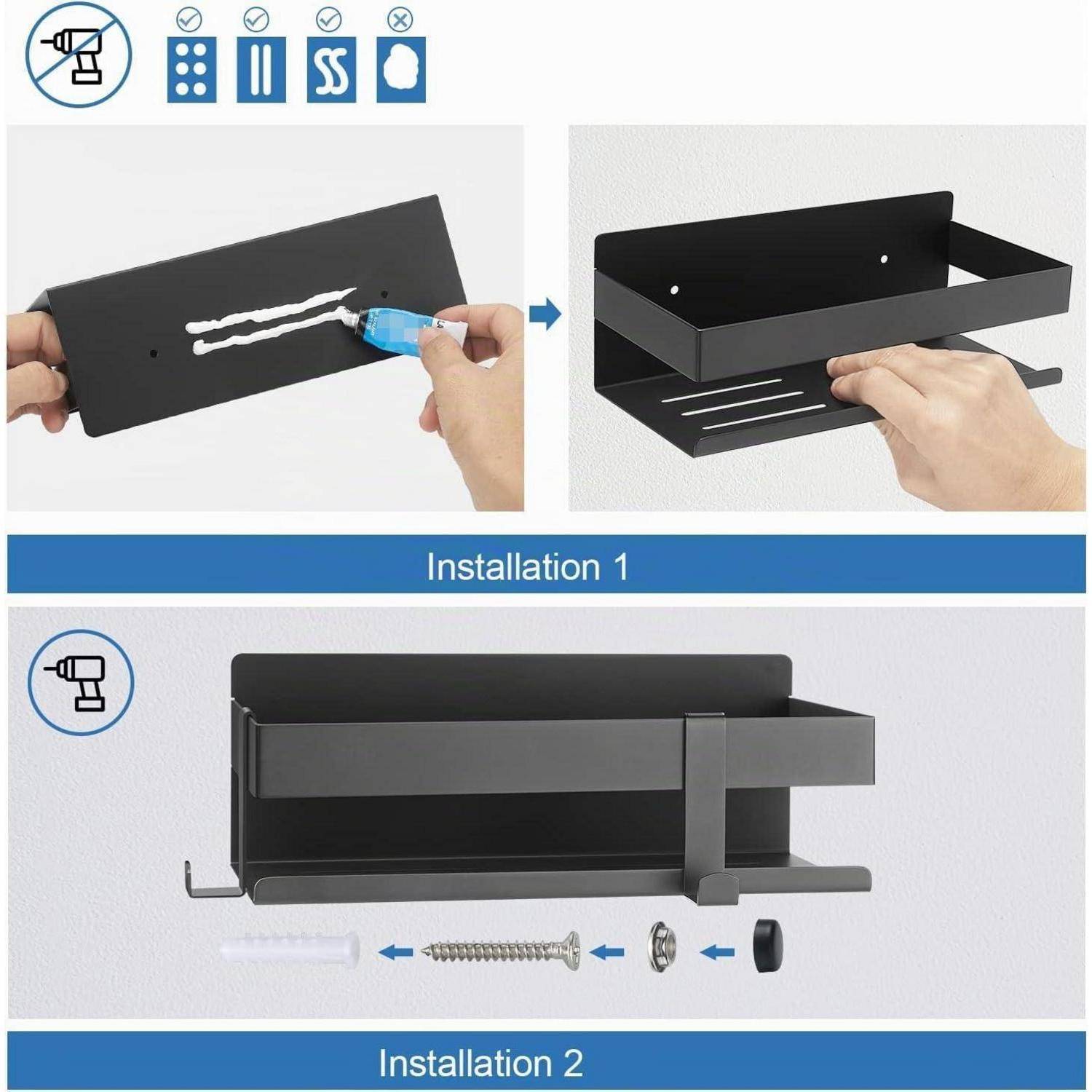 Duschablage Edelstahl ohne Bohren mit 2 Haken Schwarz