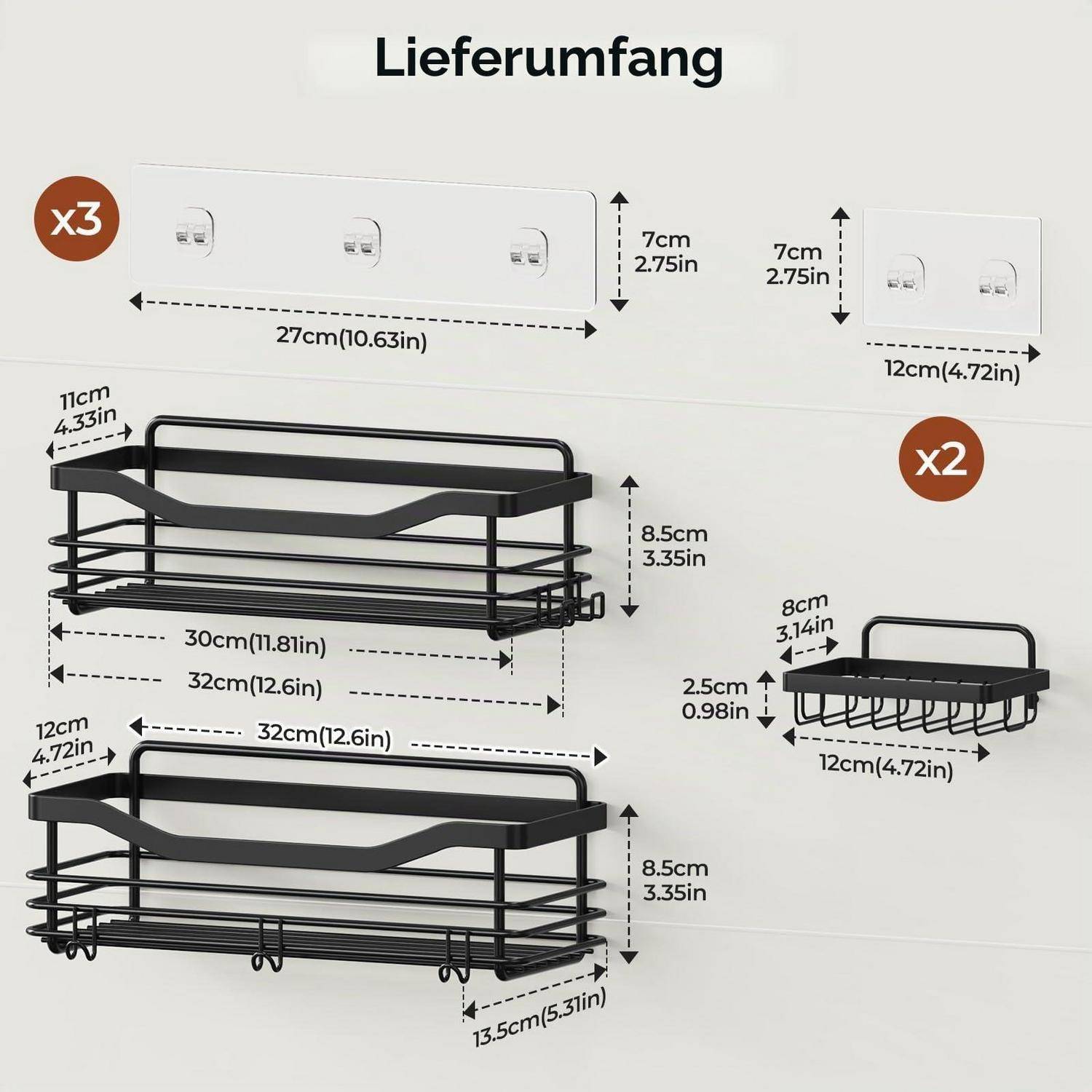 Duschablage Edelstahl 3er Set ohne Bohren Schwarz mit Seifenschale und Haken