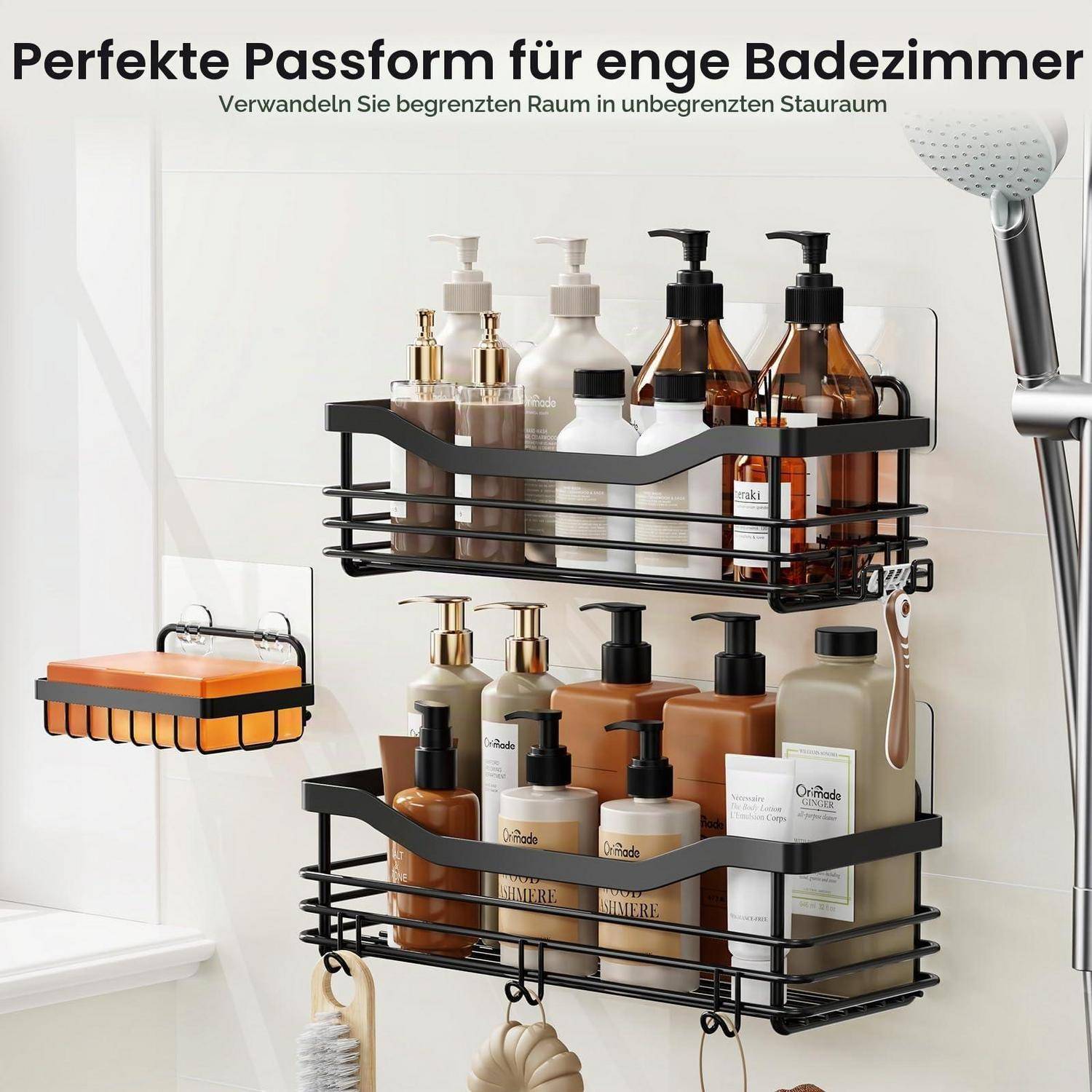 Badezimmer-Wandregale und Caddy zum Organisieren von Shampoo, Seife und Toilettenartikeln; deutscher Text sagt „Perfekte Lösung für schmale Badezimmer"