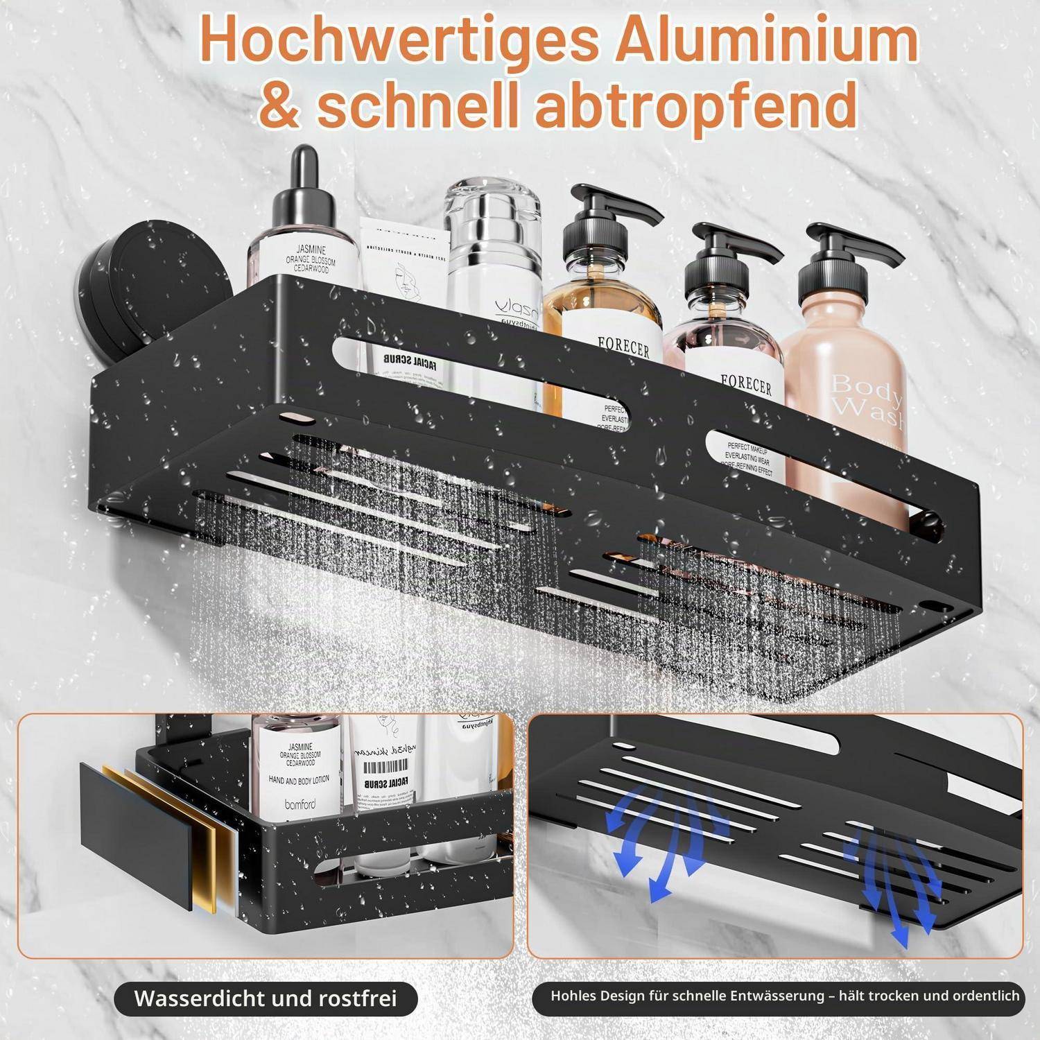 Duschablage Saugnapf Aluminium Schwarz 32cm ohne Bohren
