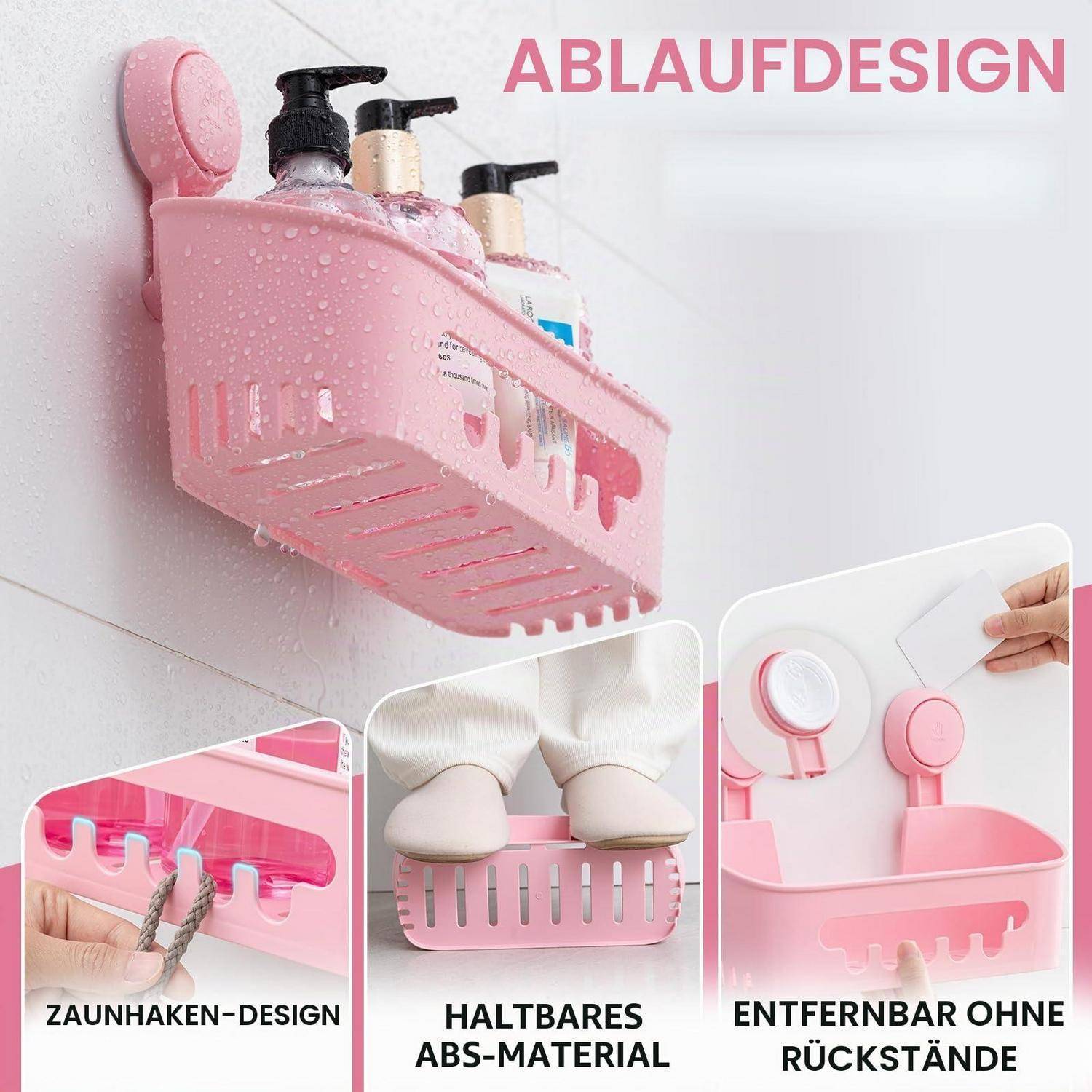 Rosa wandmontierte Duschablage mit Flaschen; eingefügte Beschriftungen zeigen Zaun-Hakenedesign, robustes ABS-Material und rückstandsfreie Entfernung.