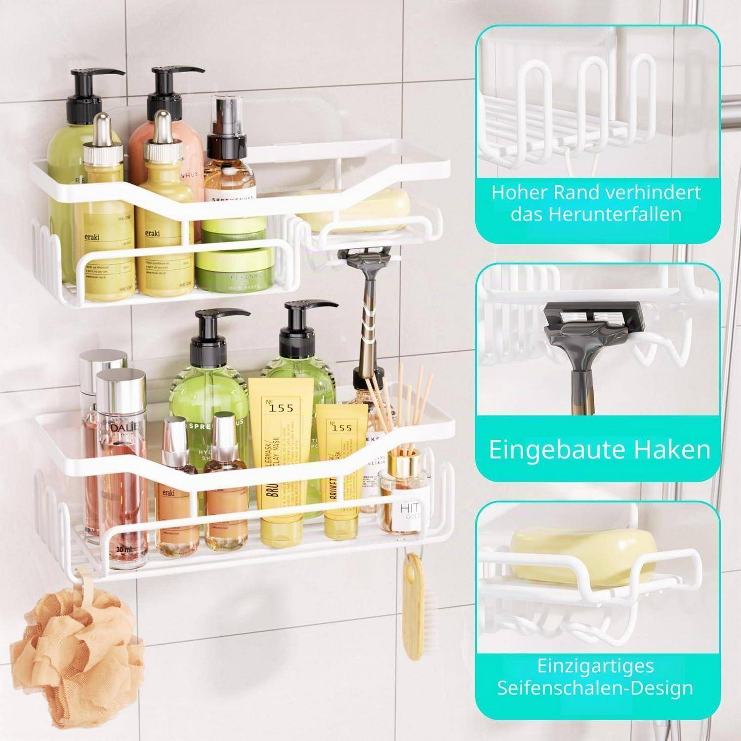 Zweistöckiges wandmontiertes Dusch-Caddy zum Aufbewahren von Flaschen, Rasierer und Schwamm; eingefügte Beschriftungen zeigen hohen Rand zur Sturzprävention, eingebaute Haken und Seifenschalen-Design.