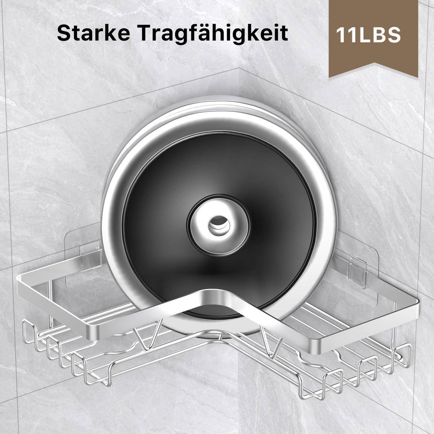 Chromduschablage mit Seifenhalter und Haken, gekennzeichnet mit 'Starke Tragfähigkeit' und '11LBS' um eine starke Tragfähigkeit zu zeigen.