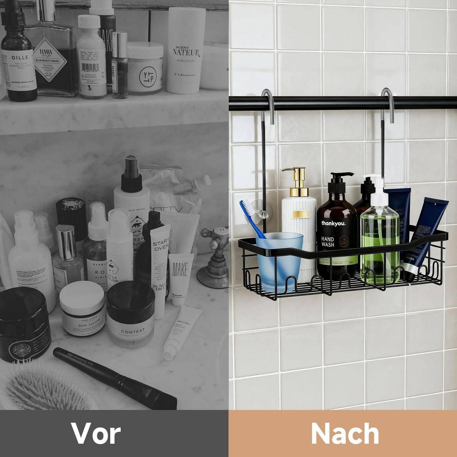 Vorher-und-Nachher-Umgestaltung eines Badezimmerregalses: links chaotische Ablage mit Toilettenartikeln, rechts organisierter hängender Duschorganizer an gekachelter Wand.