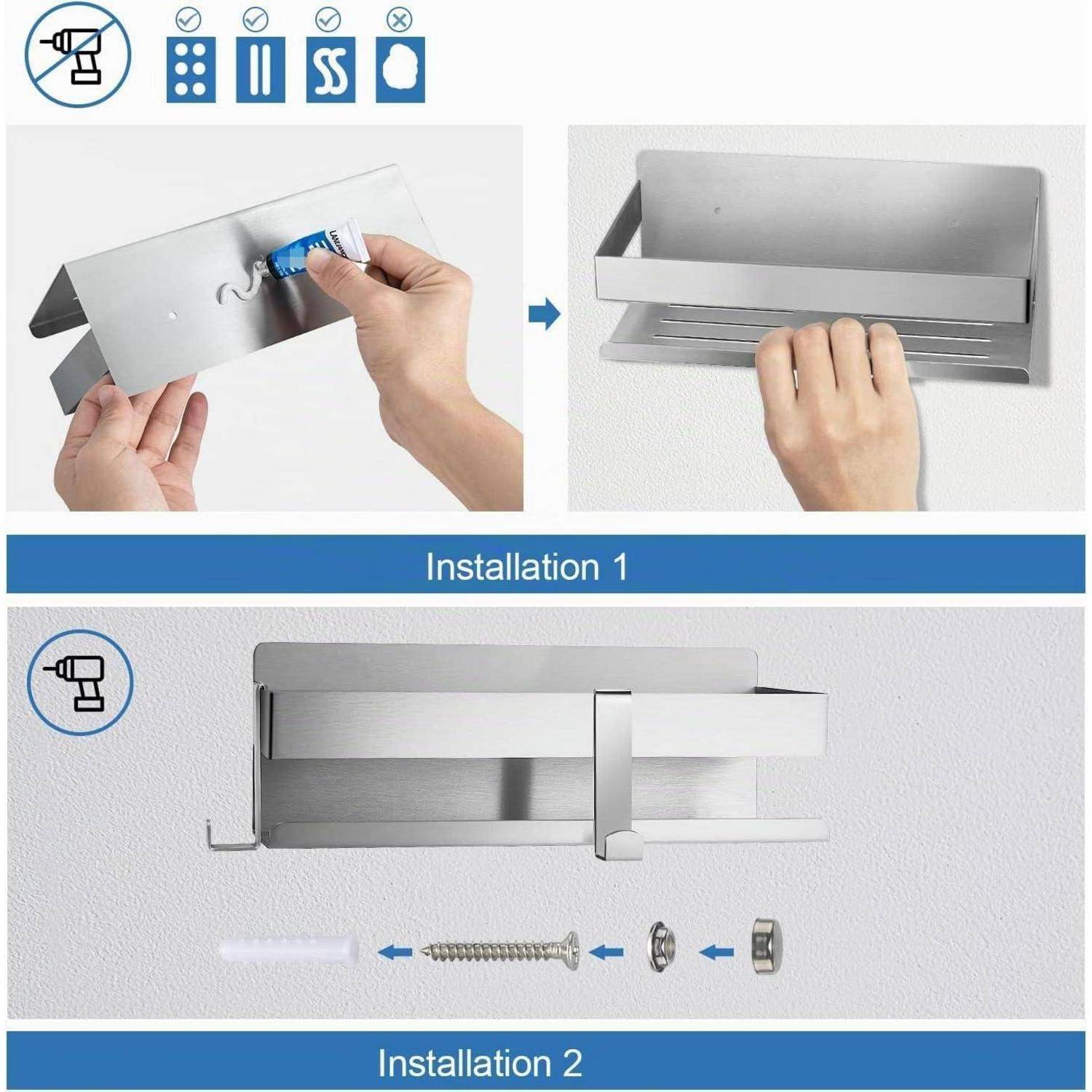 Installationsleitfaden mit einem aus Edelstahl gefertigten wandmontierten Halter, der in zwei Schritten mit Schrauben und Wandankern befestigt wird.