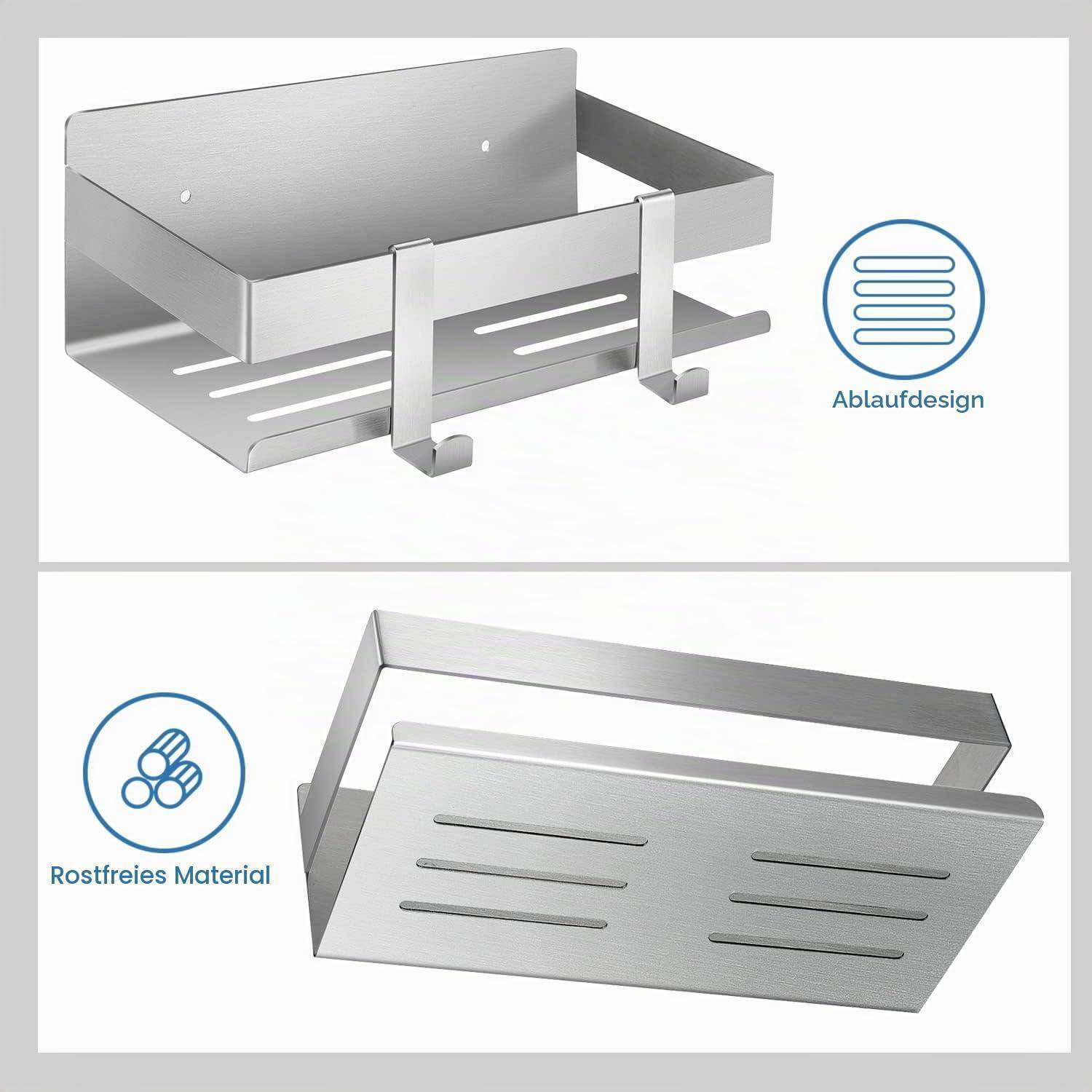 Zwei Ablaufgitter aus Edelstahl, die aus zwei Blickwinkeln gezeigt werden und das Schlitzdesign hervorheben, mit den Beschriftungen „Ablaufdesign" und „Rostfreies Material"".