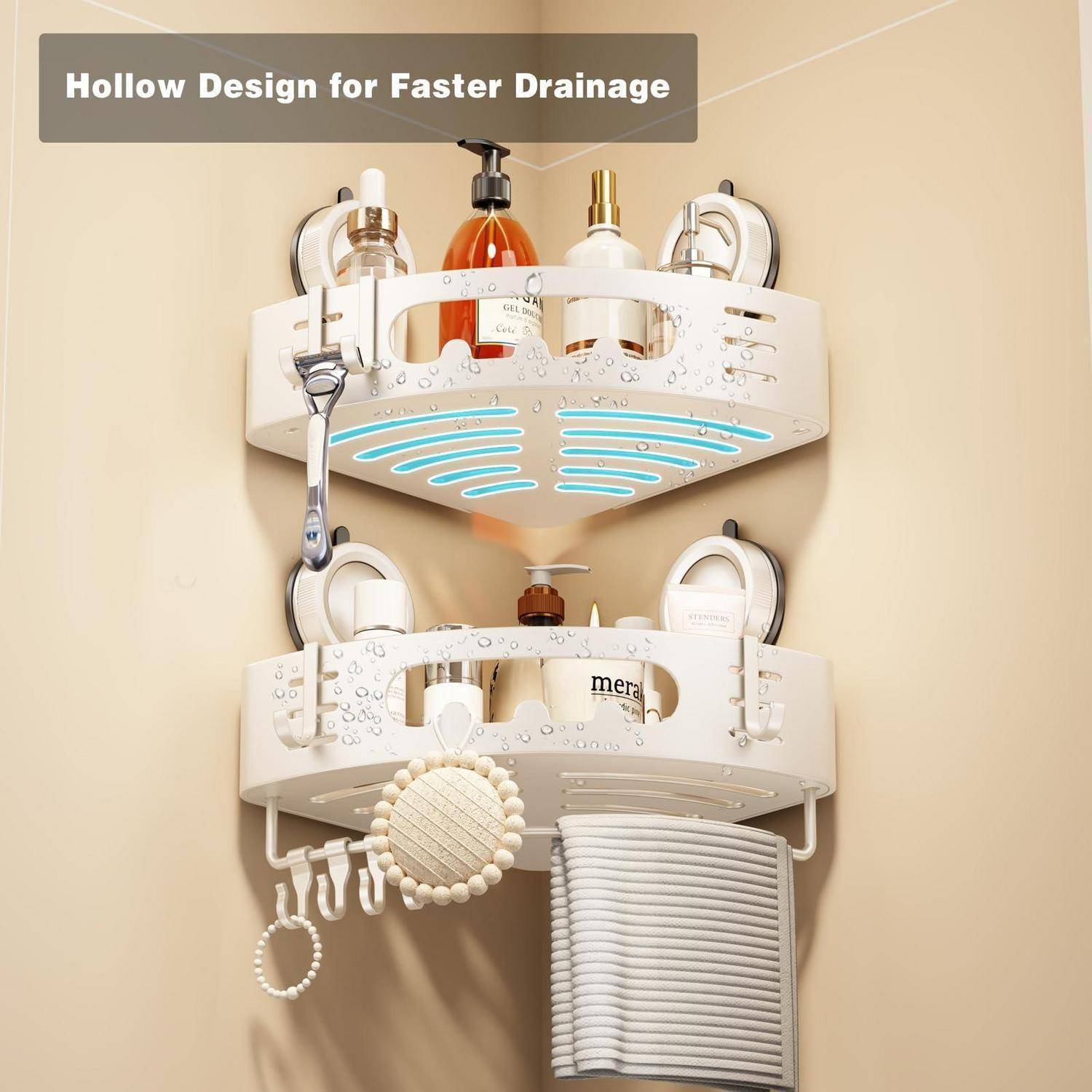 Zweistufige Eck-Duschablage mit Saugnapfhalterungen und Drainageschlitzen zum Halten von Flaschen und Badaccessoires; Text lautet „Hohles Design für schnellere Entwässerung".