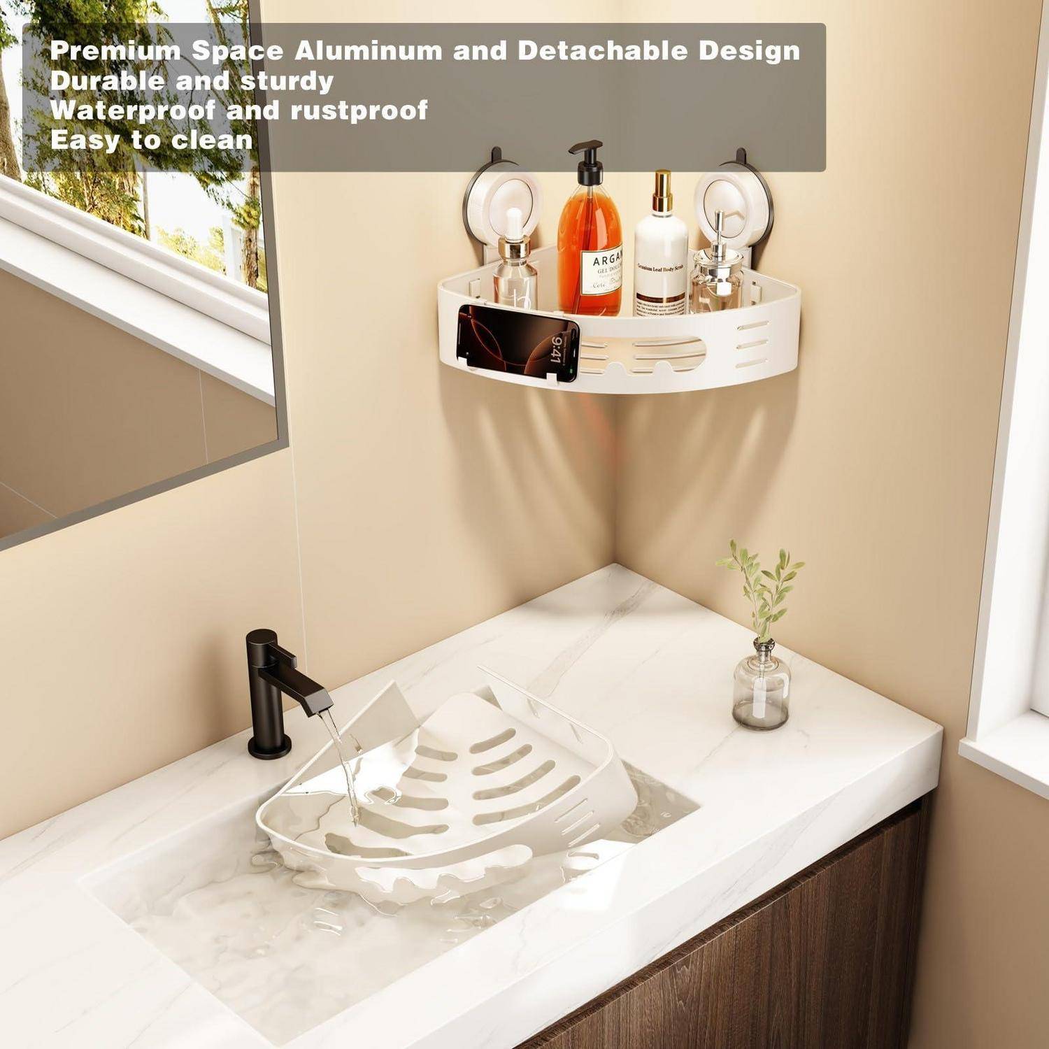 Eckbadezimmerspüle mit weißem abnehmbarem Aluminium-Regal, das Toilettenartikel hält; der Text hebt „Premium-Raumaluminium und abnehmbares Design", Haltbarkeit, Wasserdichtigkeit und einfache Reinigung hervor.