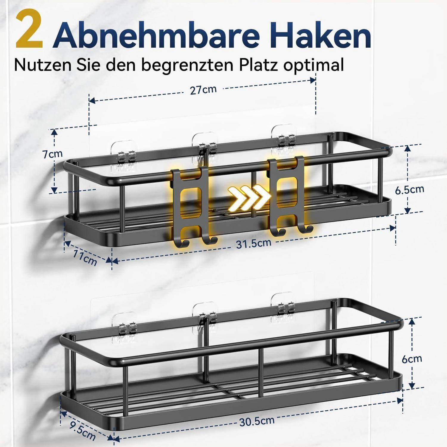 Illustration eines wandmontierten Korbs mit 2 abnehmbaren Haken, das zeigt, wie die Haken Platz sparen; beschriftete Abmessungen vergleichen Längen von 31,5 cm und 30,5 cm sowie Höhen von 6–7 cm.