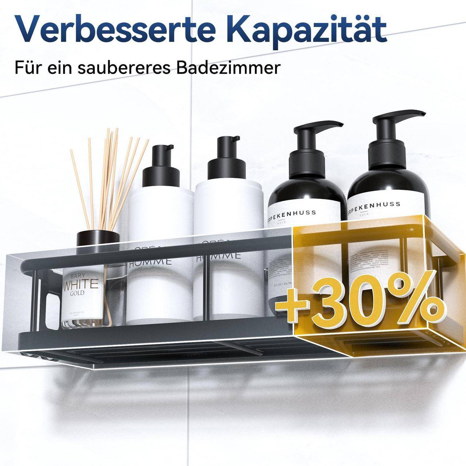 Badezimmerwandregal mit Toilettenartikeln und einem Raumduft-Diffusor, gekennzeichnet mit „Verbesserte Kapazität" und „+30%"", das mehr Stauraum für ein sauberes Badezimmer bewirbt.