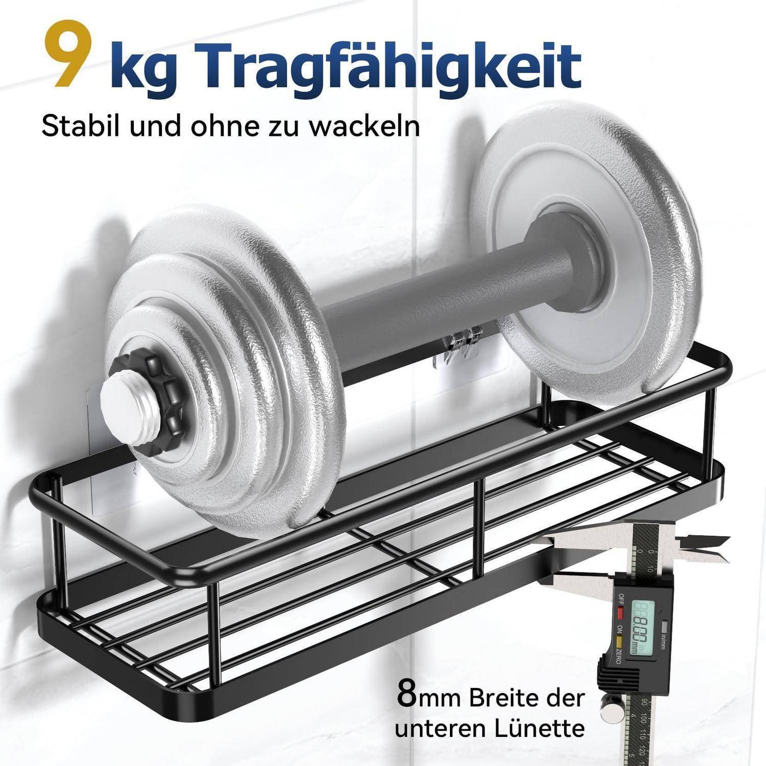 Wandmontierte Hantelablage aus Chrom trägt 9 kg Belastung ohne Wackeln; umfasst "8 mm Breite der unteren Lünette"" und digitale Schieblehren-Messung.
