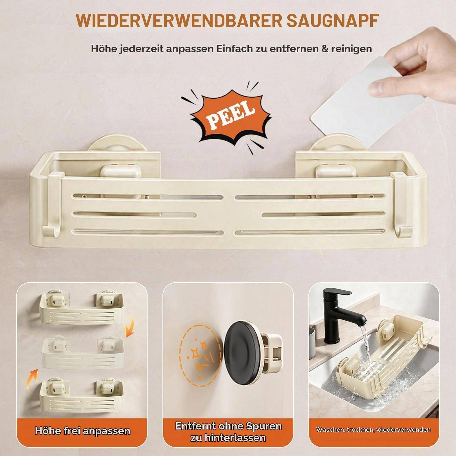Wiederverwendbares Saugnapf-Regal mit verstellbarer Höhe und rückstandsfrei ablösbarer Oberfläche; zeigt Reinigung und Wiederverwendung in einem Waschbecken.