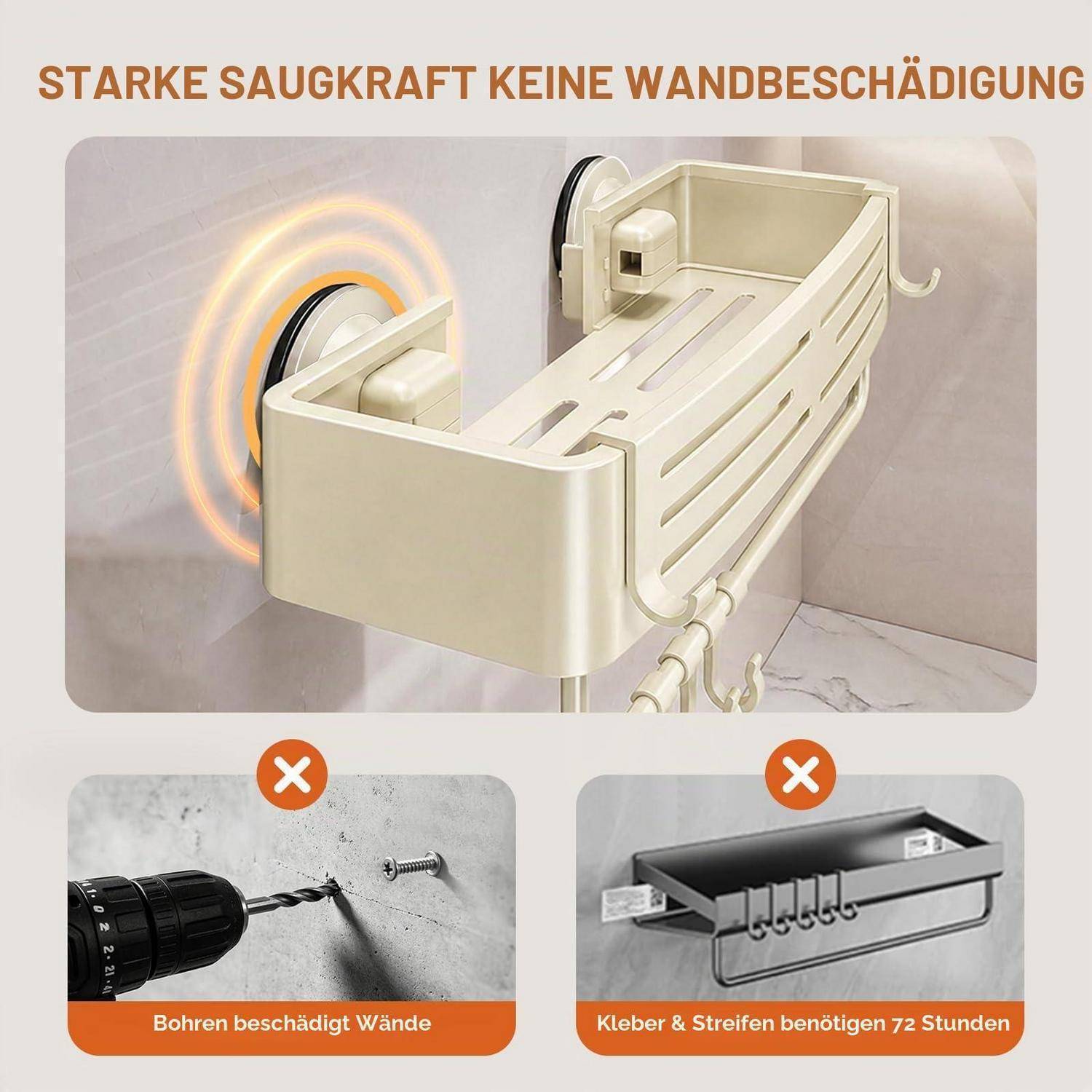 Wandmontiertes Saugablage mit starker Saugkraft und ohne Wandschäden; Kontrastbilder zeigen, dass Bohren die Wand beschädigt und Klebstreifen 72 Stunden benötigen.