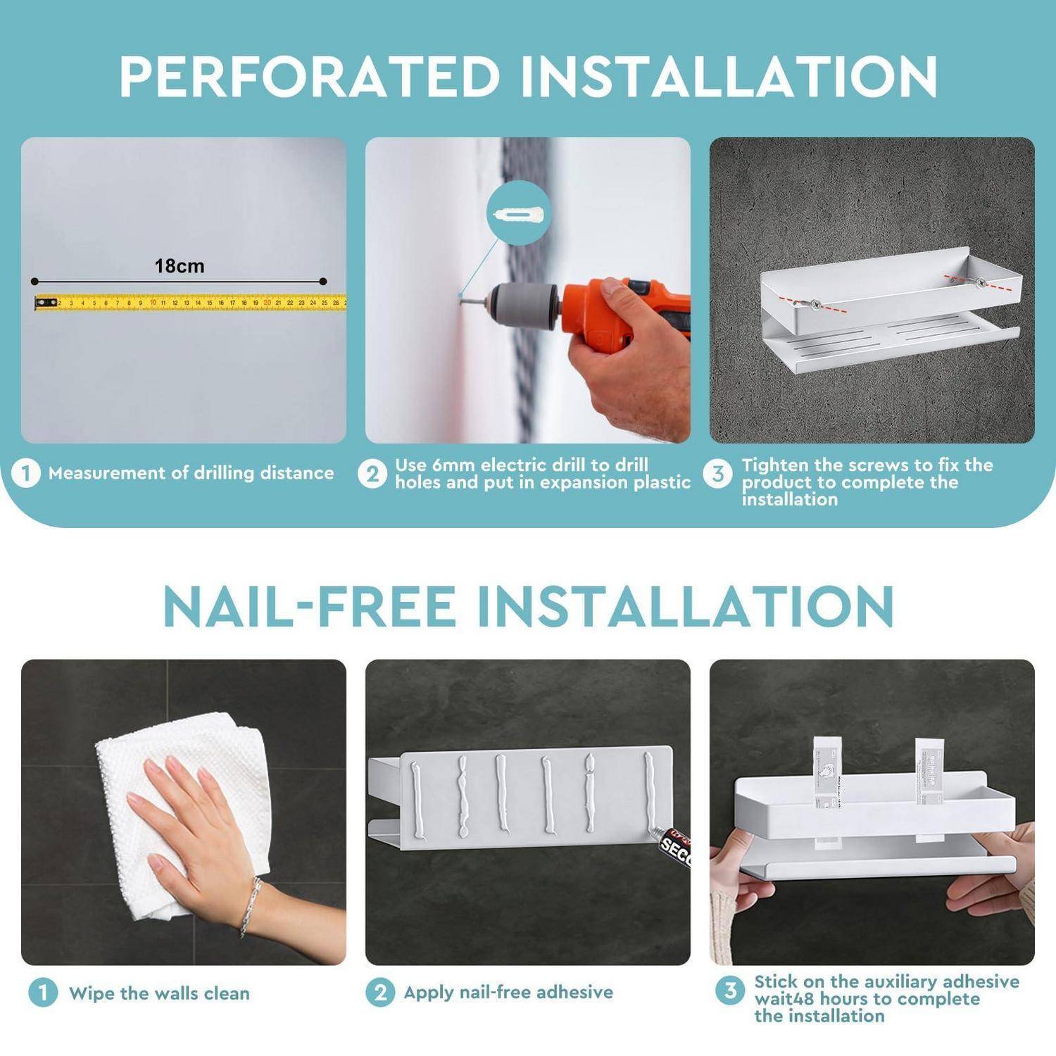 Infografik zeigt Schritte zur Regalmontage: Perforierte Montage mit 18 cm Bohrabstand, Löcher bohren, dann Schrauben anziehen; oder nagelloses Installationssystem durch Wandreinigung, Klebstoffaufbringung und 48-Stunden-Wartezeit.