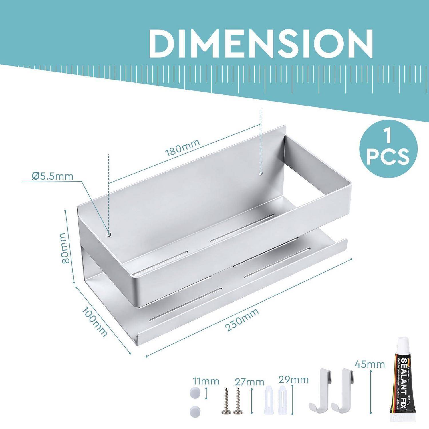 Abmessungszeichnung eines rechteckigen Metalltabletts: 230 mm x 100 mm x 80 mm, obere Länge 180 mm, 5,5 mm Löcher, mit 1 Satz Montagezubehör dargestellt.