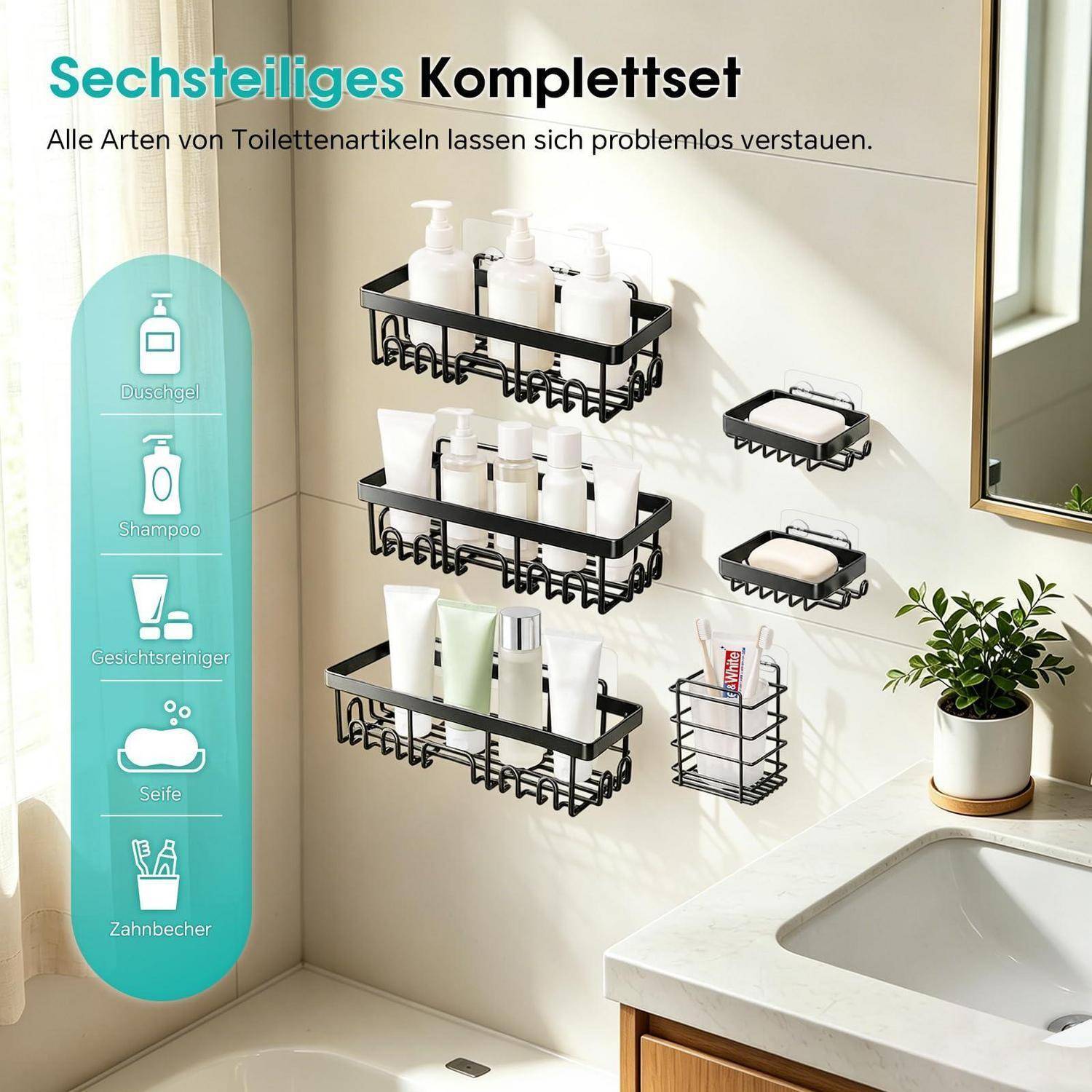 Badezimmer-Aufbewahrungsangebot mit einem sechsteiligen, wandmontieren Organizer-Set für Toilettenartikel, mit Körben, die Shampoo, Reiniger, Seife und Zahnbürsten enthalten.