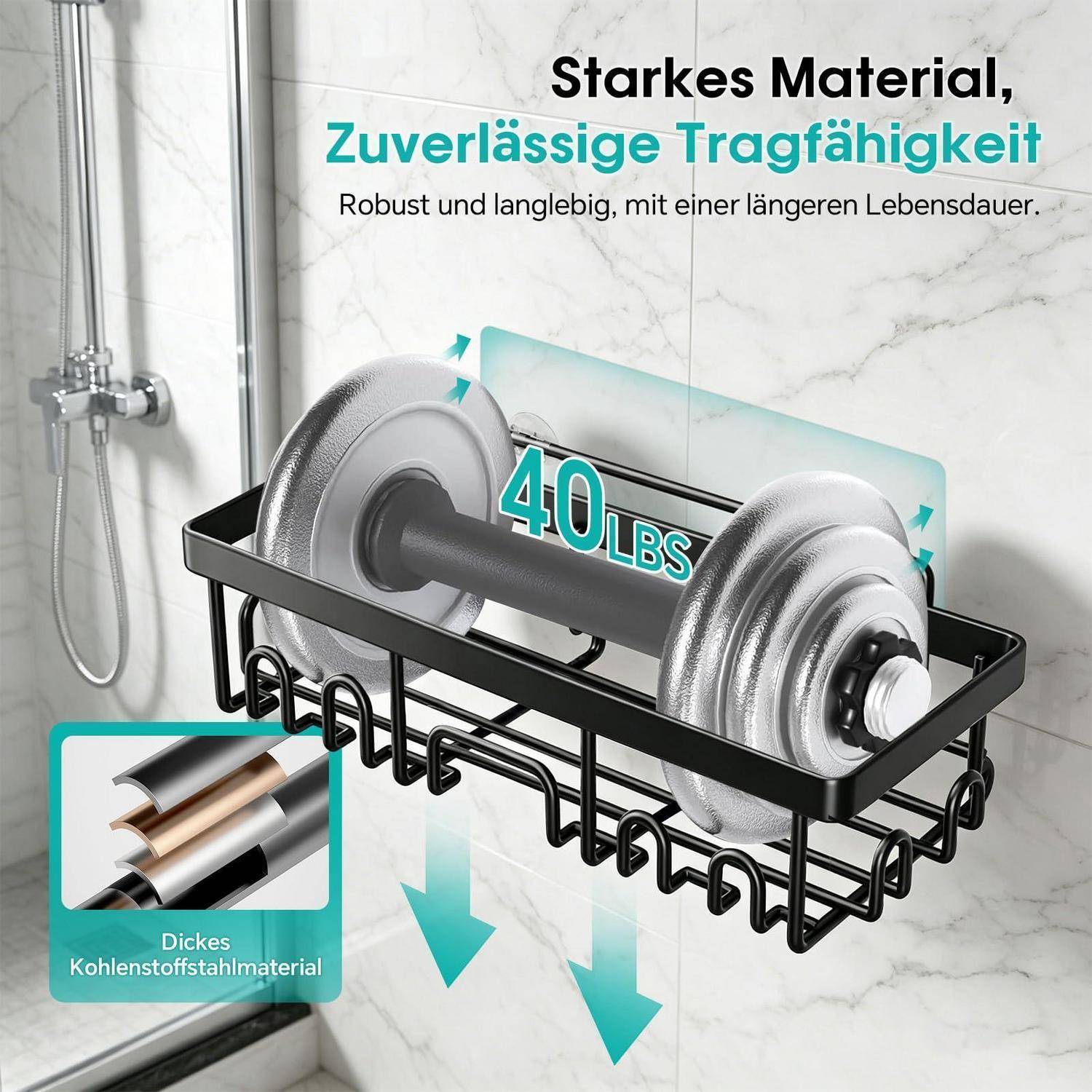 Wandmontiertes Duschablage-Set mit einer Hantel zum Nachweis der hohen Tragfähigkeit, beschriftet mit „40 LBS" und „Starkes Material, Zuverlässige Tragfähigkeit"".