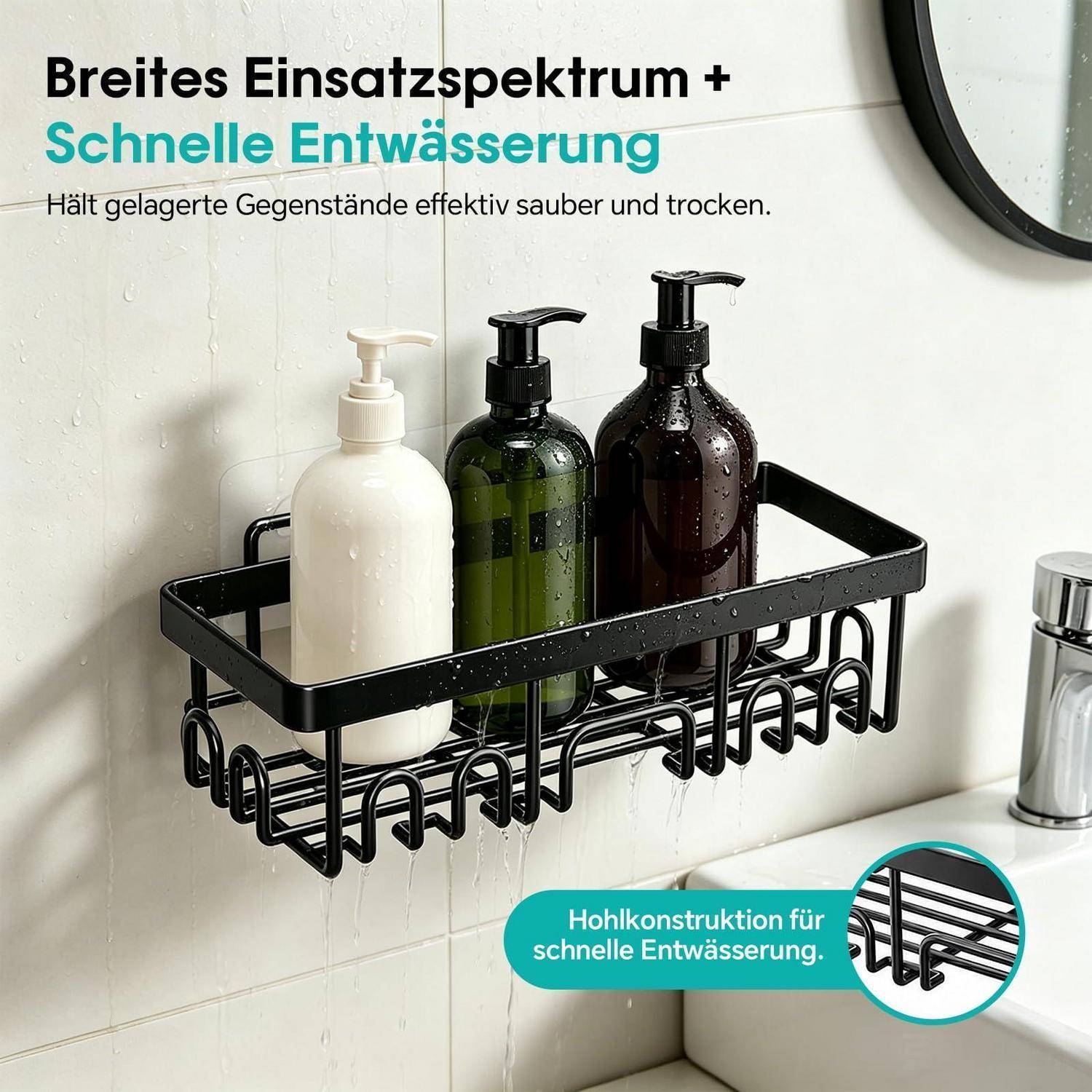 Schwarzes an der Wand montiertes Badezimmerregal mit drei Pumpflaschen und Wassertropfen, überlagert mit deutschem Text, der schnelle Entwässerung und das Trockenhalten von Gegenständen bewirbt.