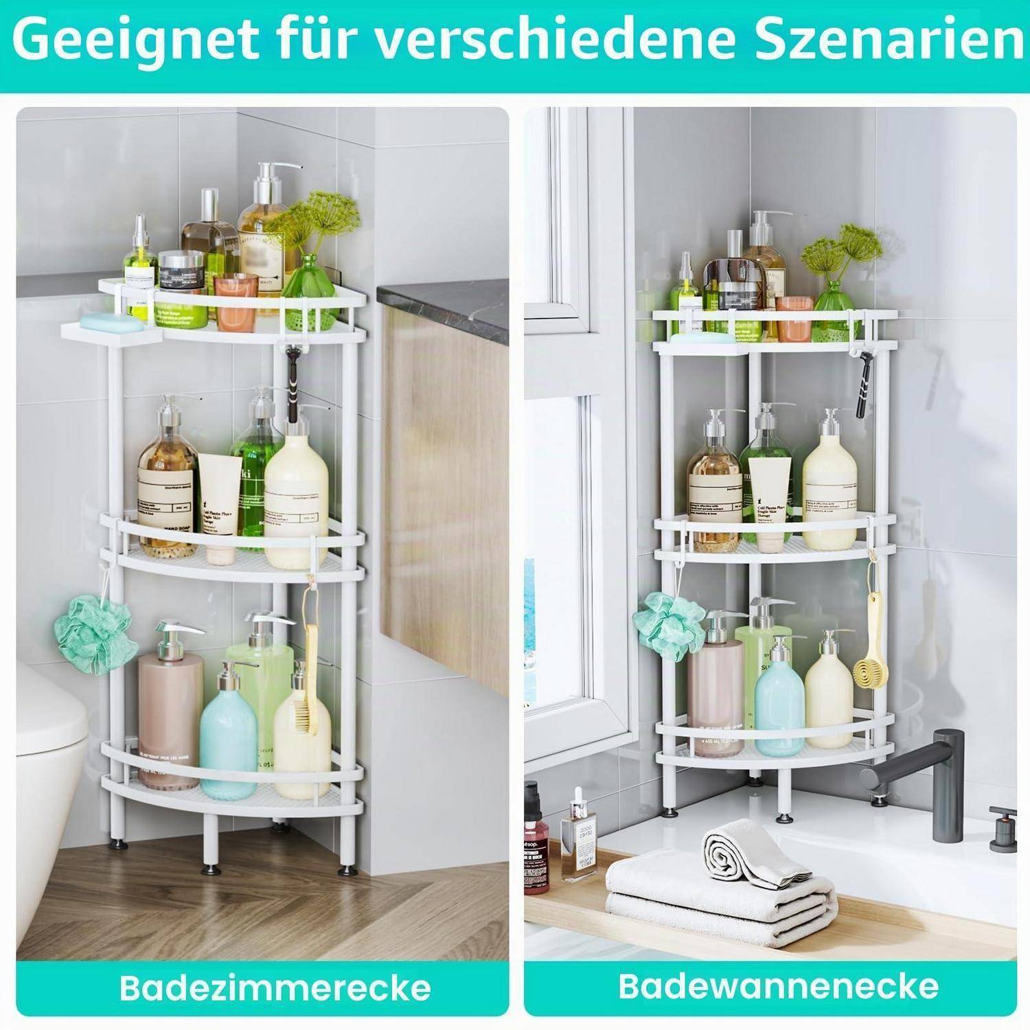 Collage eines weißen dreistöckigen Badezimmereckenregals mit Toilettenartikeln und Flaschen, gezeigt in einer Badezimmerecke und neben einer Badewanne.
