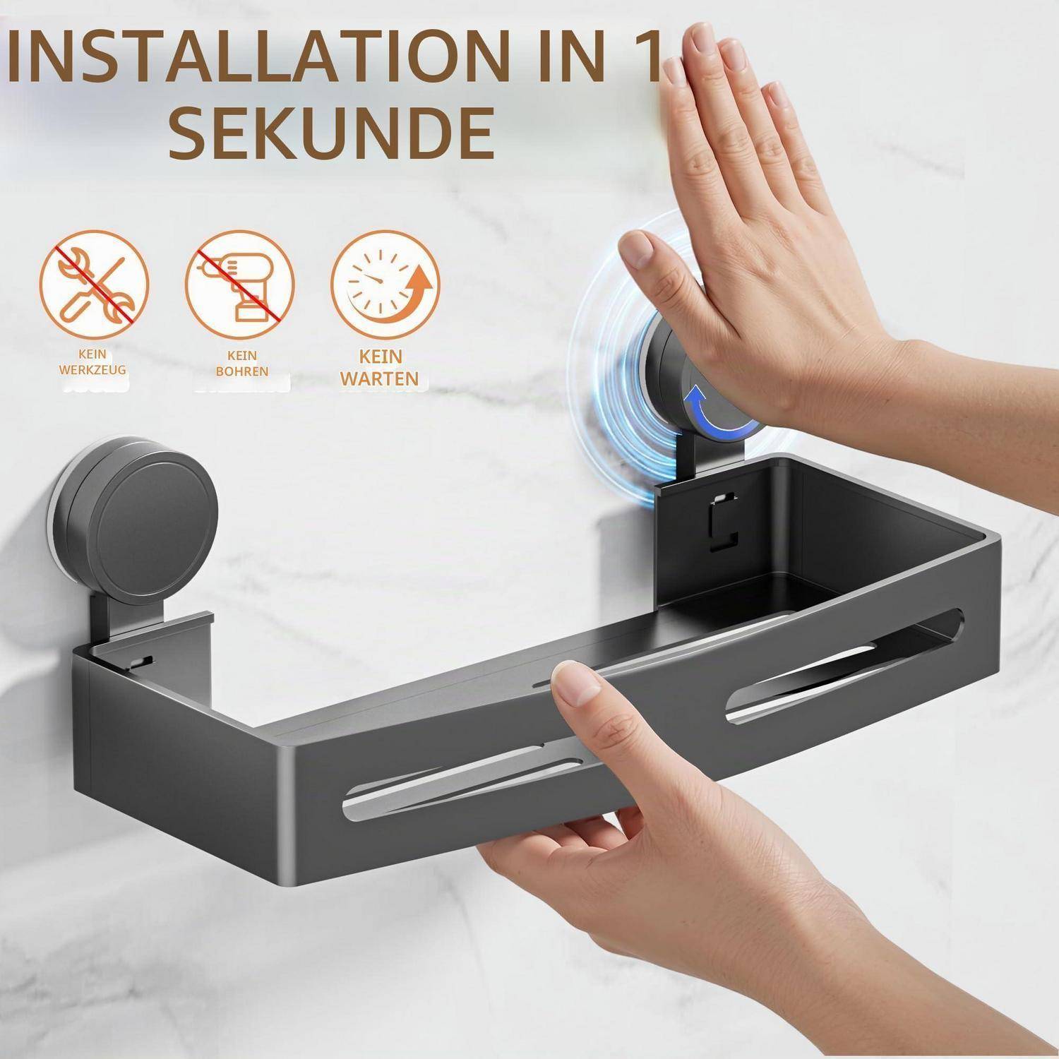 Klebender an der Wand befestigter Toilettenpapierhalter, der auf eine gekachelte Wand gedrückt wird, mit „Installation in 1 Sekunde" und Symbolen, die zeigen: kein Werkzeug, kein Bohren, kein Warten.