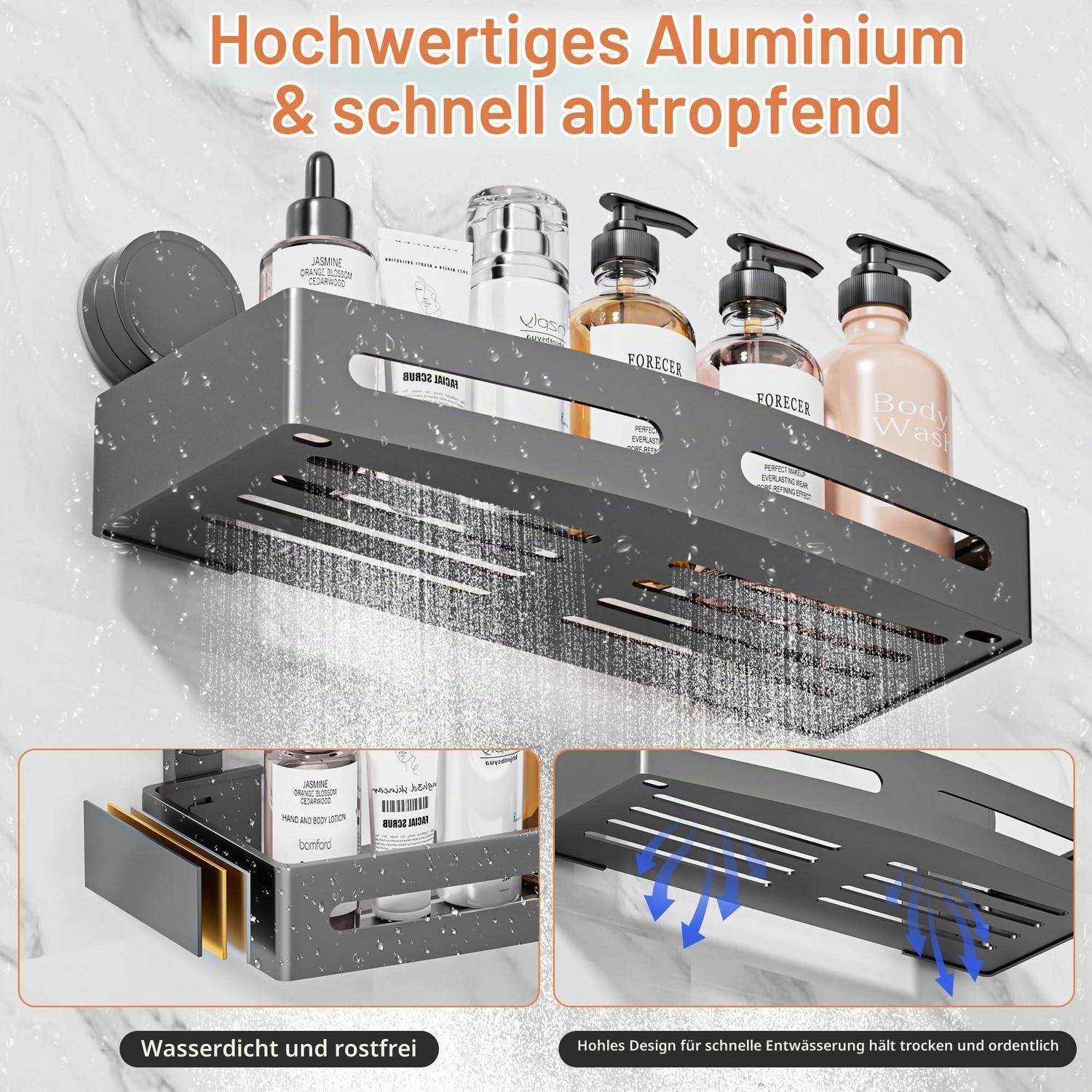 Duschablage ohne Bohren, Aluminium, Saugnapf, Grau, 32cm