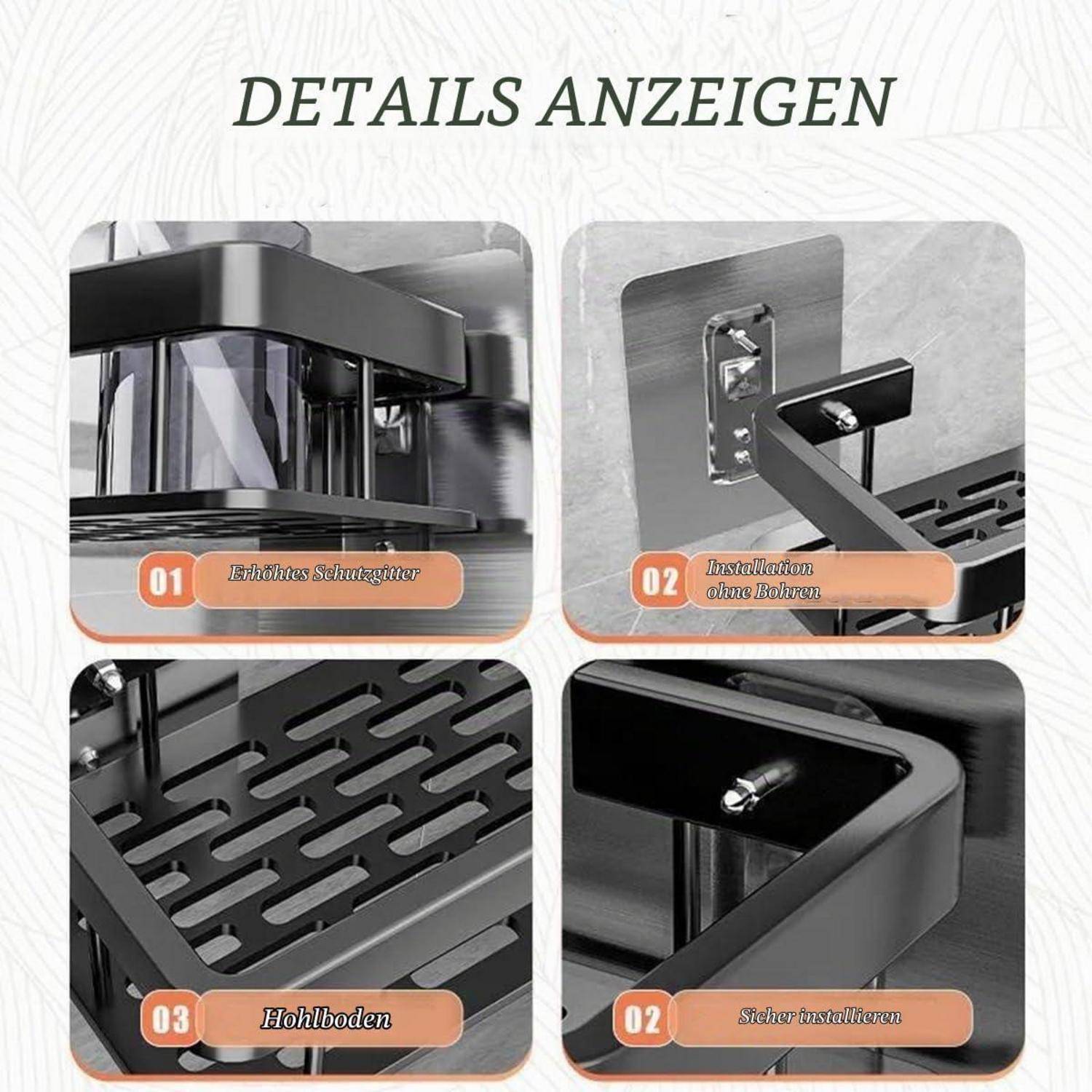 Vier-Panel-Produktnahaufnahmen eines schwarzen Metallgeräts mit Details: Sicherheitsschild, Wandmontageklammer, perforierte Basis und seitliche Schraubenbefestigung; Deutsche Beschriftungen enthalten.
