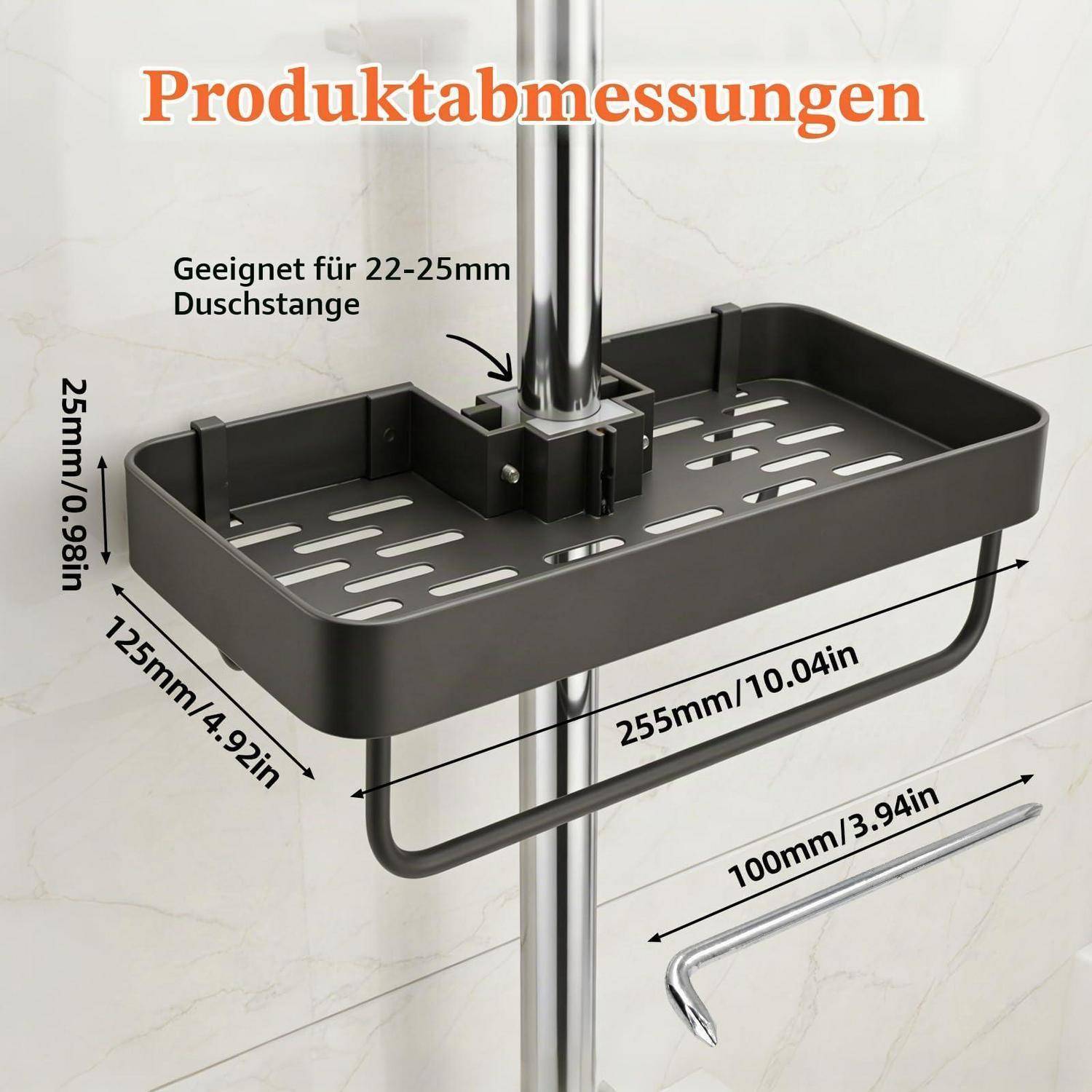 Duschablage-Produktabmessungen zeigen ein schwarzes Eckregal für 22-25 mm Duschrohre, mit den Maßen 255 x 125 x 25 mm und einem 100 mm Haken.