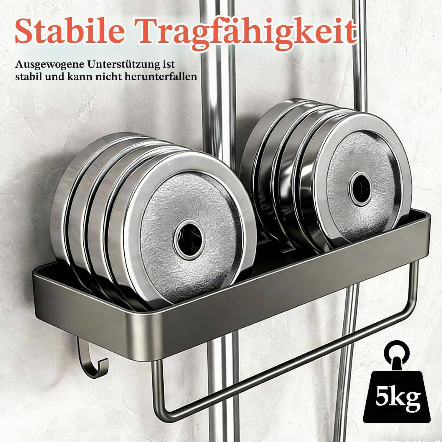 Duschablage ohne Bohren, Aluminium, für Duschstange 22-25mm, mit Haken &amp; Handtuchhalter