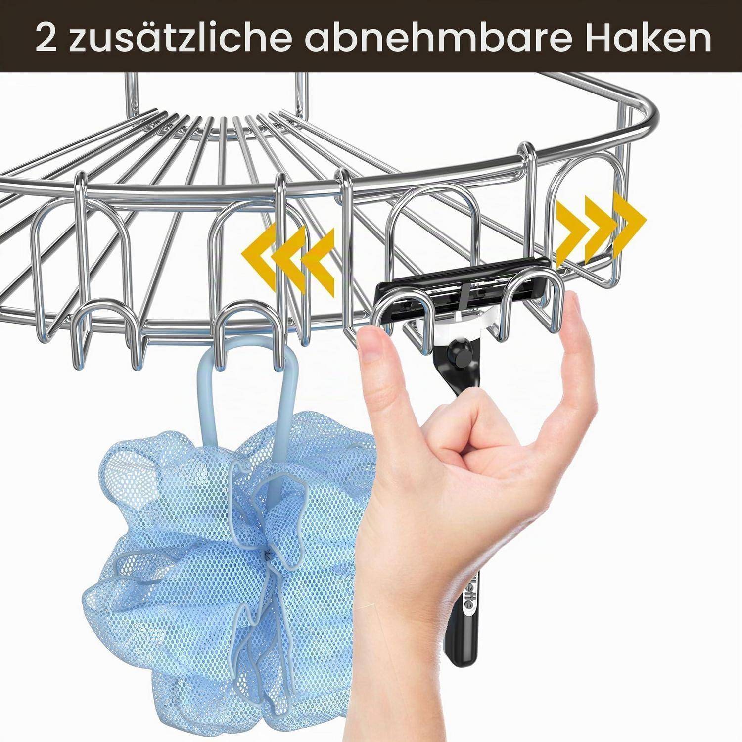 Nahaufnahme einer Duschablage mit einer Hand, die einen blauen Badeschwamm an einen Haken hängt; Text sagt „2 zusätzliche abnehmbare Haken" (2 zusätzliche abnehmbare Haken).