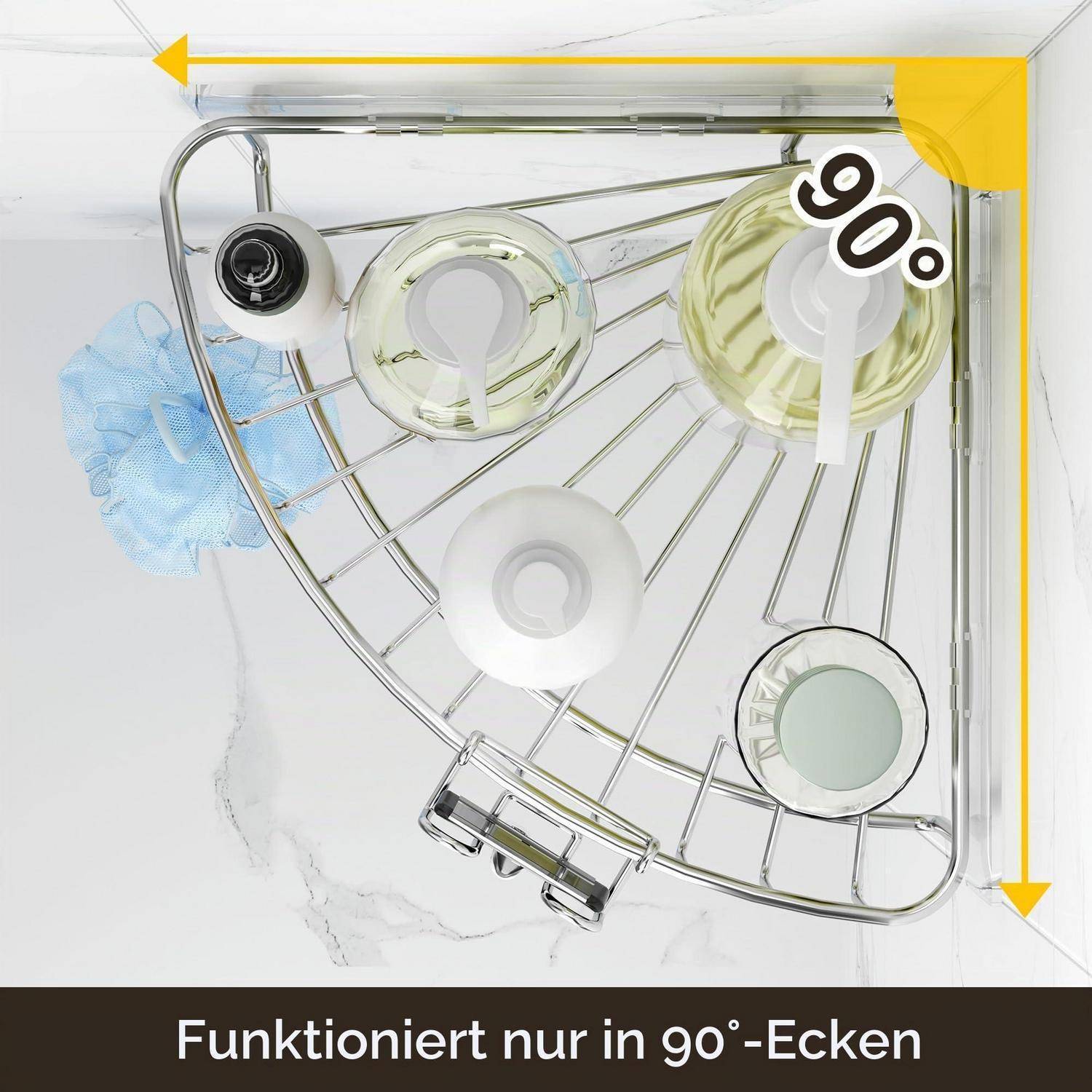 Geschirrständer in einer Ecke, mit Pfeilen und „90°" zeigt, dass er nur in 90-Grad-Ecken passt; der Text sagt „Funktioniert nur in 90°-Ecken"".