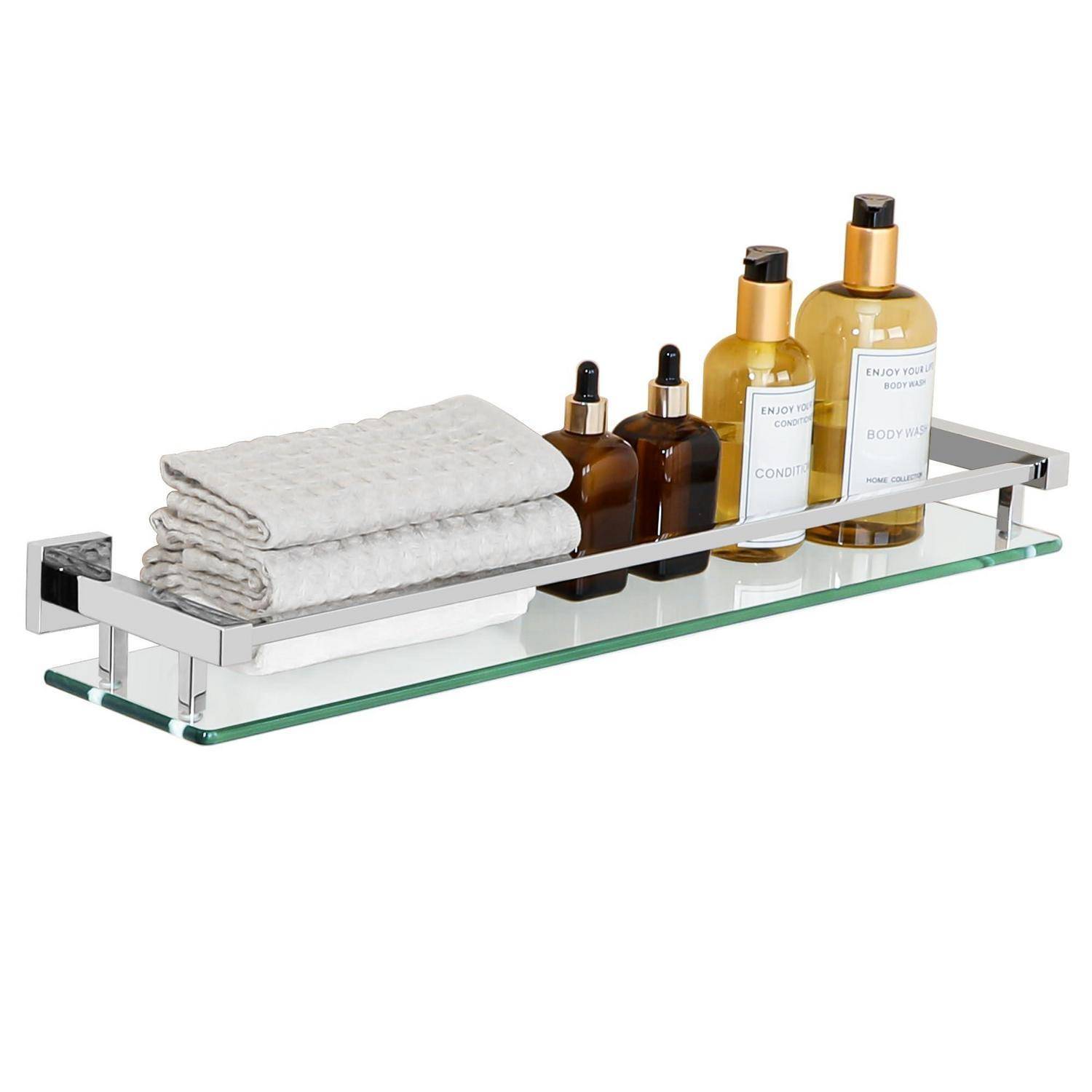 Wandmontiertes Glasbadezimmregal mit gefalteten Handtüchern und Toilettenflaschen
