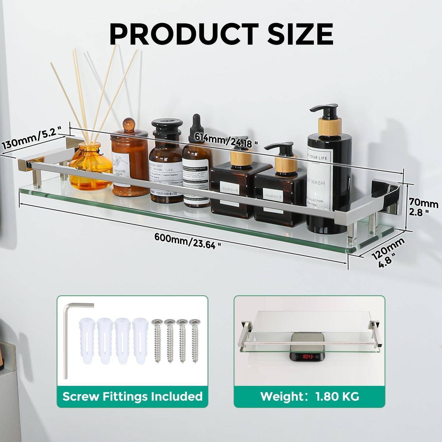 Produktgrößendiagramm für ein Badezimmerregal: 600 mm breit, 130 mm tief, 70 mm hoch, 120 mm vorderer Rand; Schraubbefestigungen im Lieferumfang enthalten, Gewicht 1,80 kg.