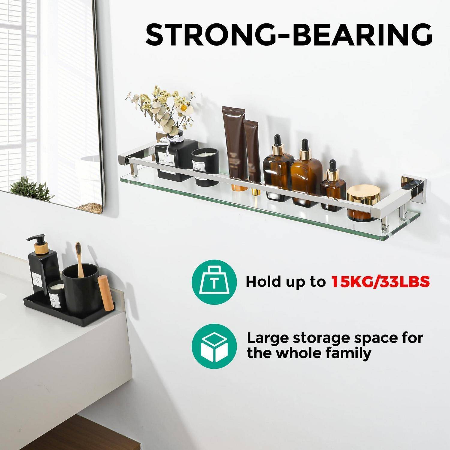 Wandmontiertes Glas-Badezimmerregal mit der Bezeichnung „STRONG-BEARING", das Toilettenartikel und Flaschen hält; der Text hebt hervor „Trägt bis zu 15 kg/33 lbs"" und „Großer Stauraum für die ganze Familie."