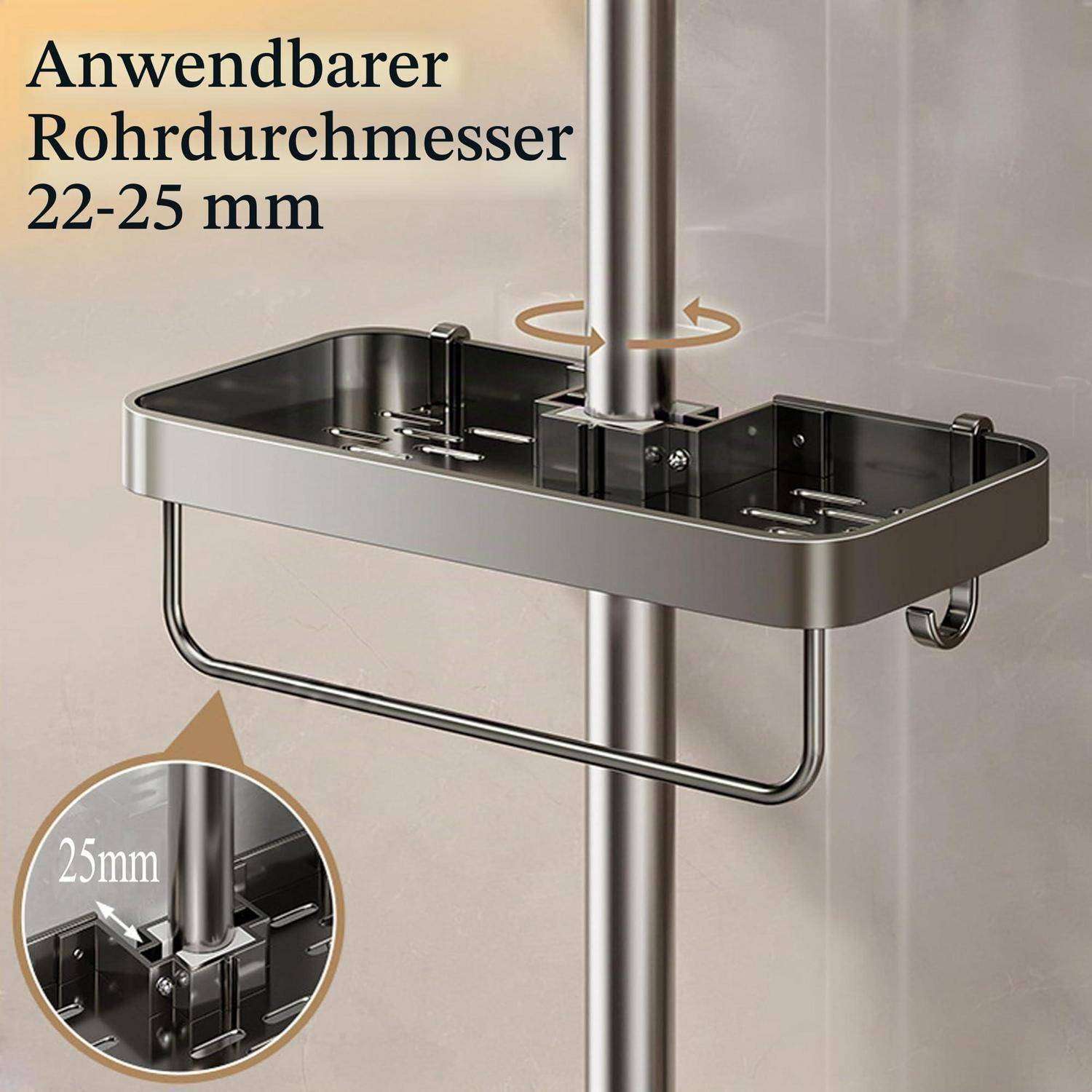 Produktbild eines rohrmontierten Badezimmerregals mit Text „Anwendbarer Rohrdurchmesser 22-25 mm" und einer Vergrößerung, die die Passung auf ein 25-mm-Rohr zeigt.