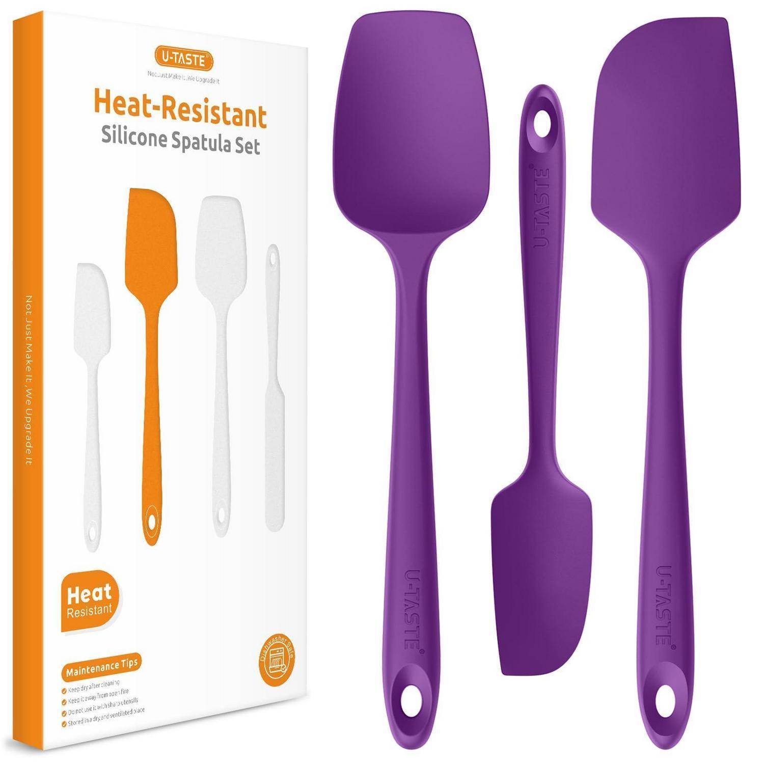 Lila hitzebeständiger Silikon-Spatelset mit drei Spatel, gezeigt neben der U-TASTE-Produktbox.