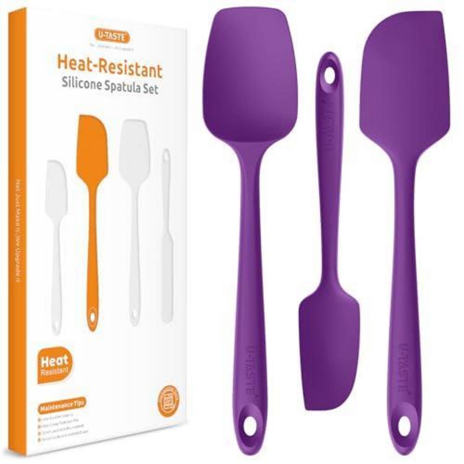 Lila hitzebeständiges Silikon-Spachtel-Set mit drei Spachteln und Produktbox mit der Beschriftung „Hitzebeständiges Silikon-Spachtel-Set