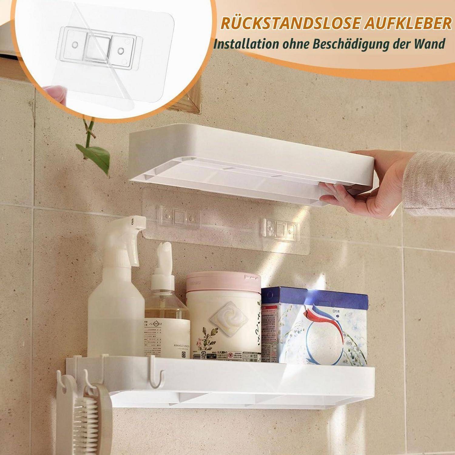 Hand befestigt ein weißes Haftungsregal an der Wand in einem gefliesten Badezimmer über Toilettenartikeln; Deutscher Text sagt "Rückstandslose Aufkleber"" und ""Installation ohne Beschädigung der Wand"".