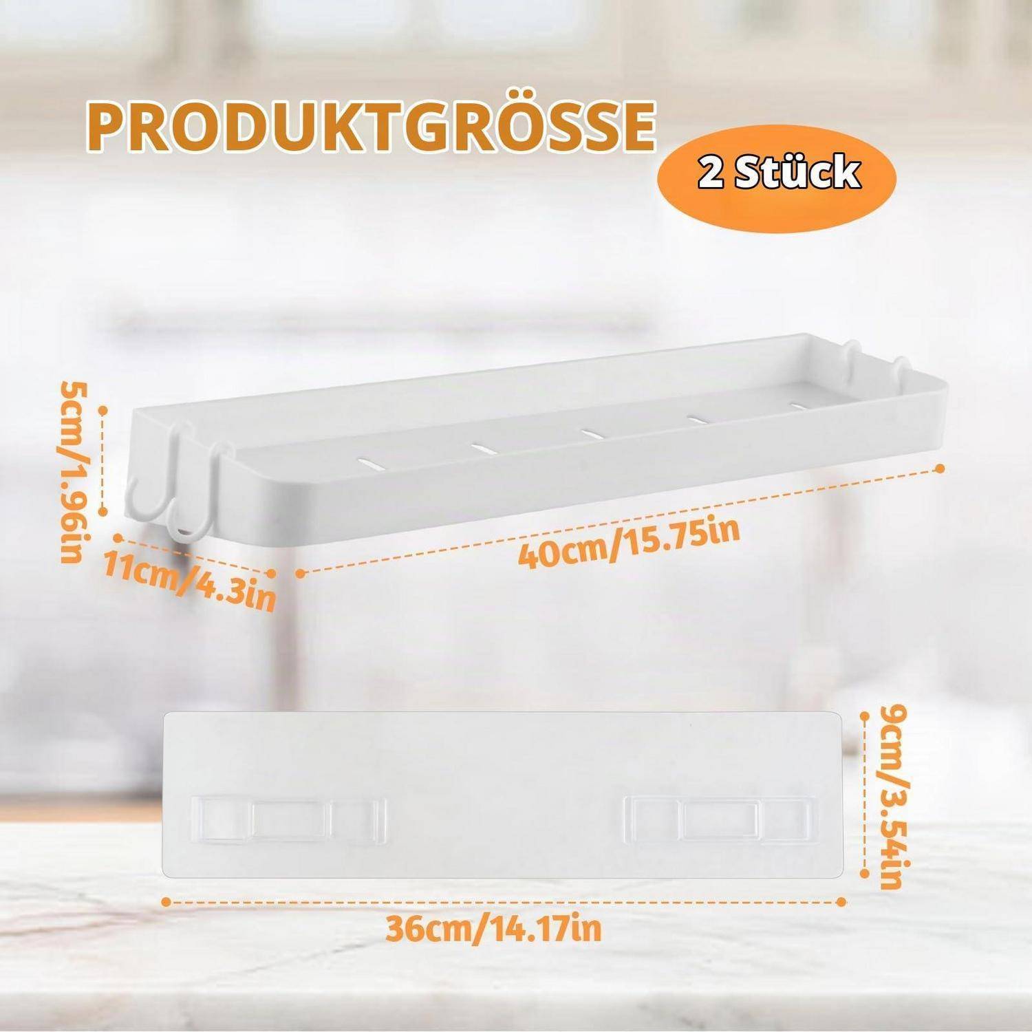 Produktgrößenabbildung mit 2 weißen Kunststoffschalen: jede ist 40 cm lang, 11 cm breit und 5 cm hoch; die Vorderansicht zeigt 36 cm Breite und 9 cm Höhe.