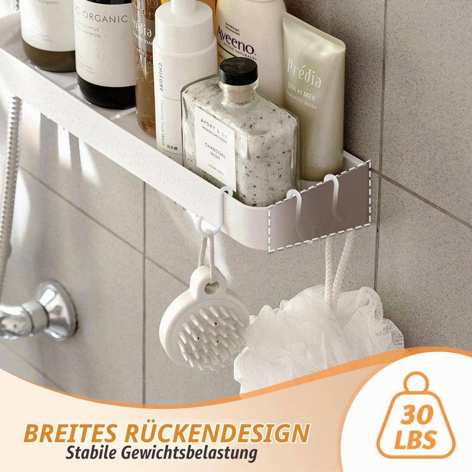 Badezimmerregalorganizer mit Shampoo- und Seifenflaschen, einem hängenden Duschloofah und Text „30 LBS", der die Tragfähigkeit anzeigt.