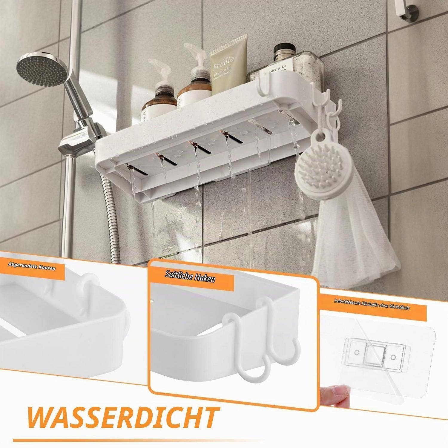 Duschablage zum Aufhängen im Badezimmer, die Flaschen und Toilettenartikel hält, mit eingefügten Produktmerkmalen, die Seitenhaken, Klebemontage und die "WASSERDICHT""-Wasserfestigkeit zeigen.