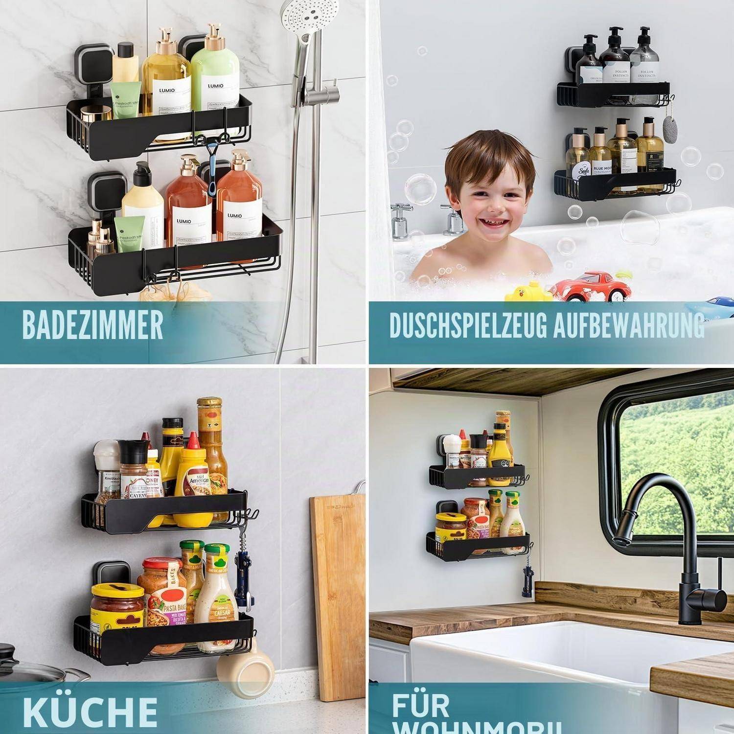 Collage schwarzer, wandmontierter Regale für Badezimmer-, Spielzeug-, Küchen- und Wohnmobillagerung, mit Toilettenartikeln, Spielzeugflaschen, Gewürzen und Würzmitteln.
