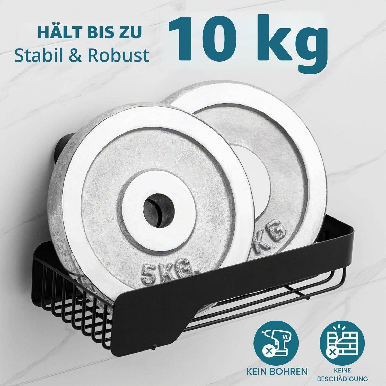Werbebild eines an der Wand angebrachten Korbs, der zwei große Metallscheiben hält, mit den Beschriftungen „HÄLT BIS ZU 10 kg", „Stabil & Robust"", „KEIN BOHREN"" und „KEINE BESCHÄDIGUNG"".